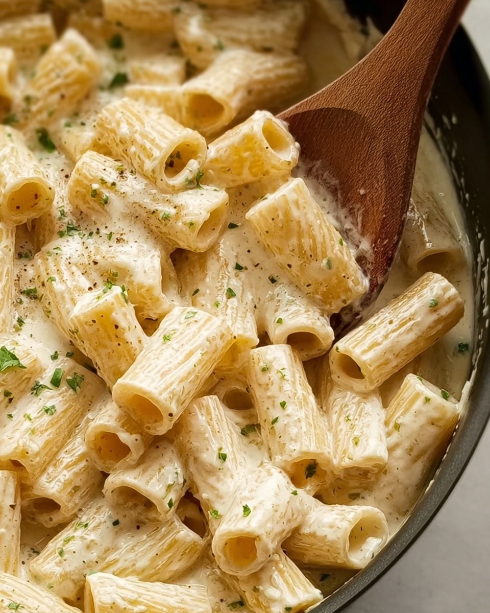 A close-up view of a pan filled with creamy rigatoni pasta coated in a smooth white sauce with small green herb specks, showing each pasta tube with a textured surface and hollow center, stirred by a wooden spoon with a rounded head, all set against a white marbled background. photo taken with an iphone --ar 4:5 --v 7