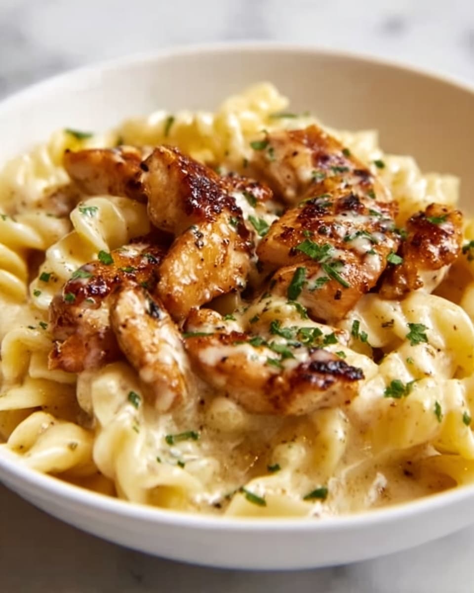 The image shows a white bowl filled with creamy pasta topped with pieces of grilled chicken. The pasta is light yellow with a smooth, creamy texture, and the chicken pieces are golden brown with a slightly charred look. Small green herbs are sprinkled on top, adding a fresh touch of color. The dish sits on a white marbled surface. photo taken with an iphone --ar 4:5 --v 7