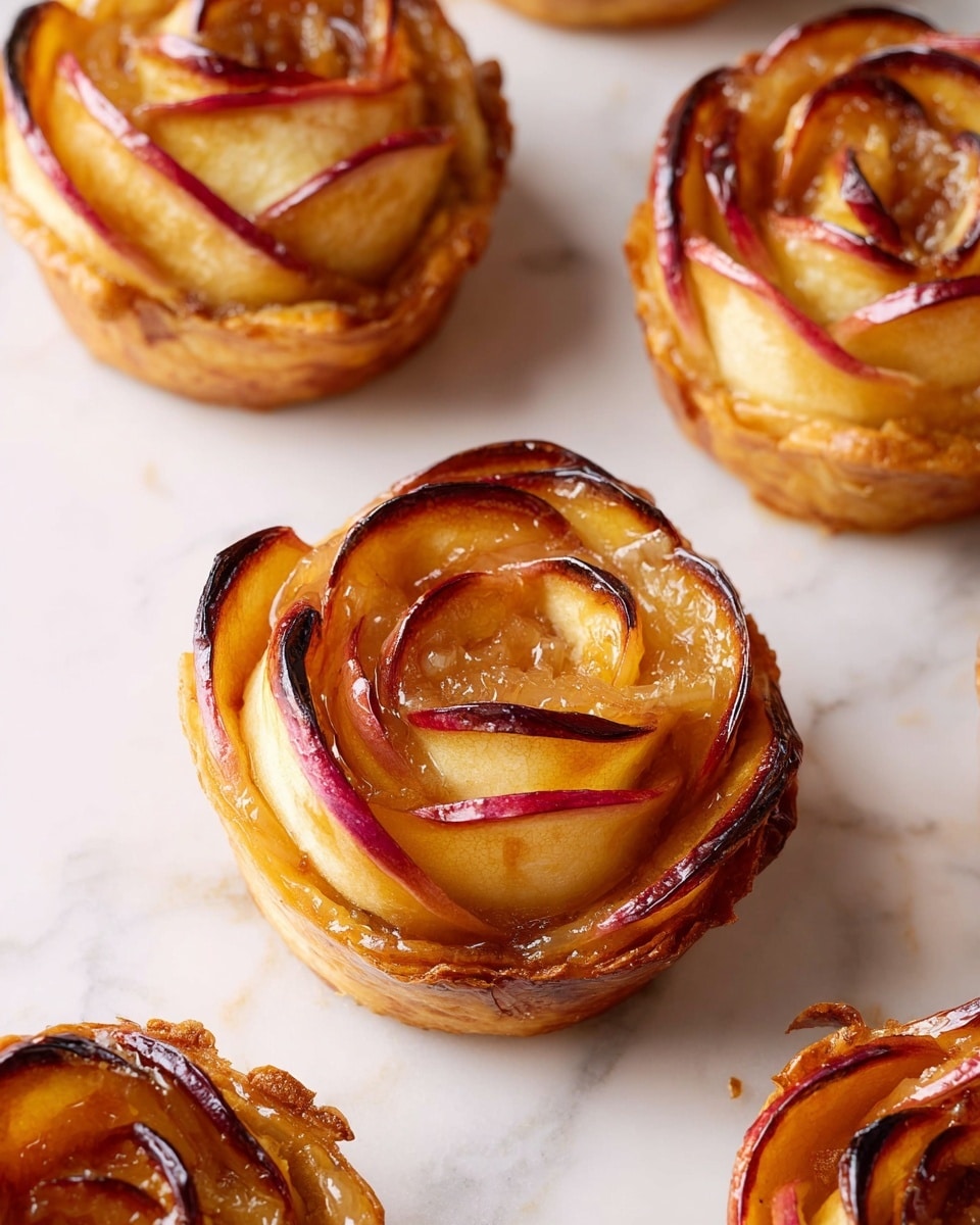 The image shows apple rose pastries arranged on a white marbled surface. Each pastry has multiple thin apple slices rolled in layers to form a rose shape, with the apple skin creating red and dark brown edges that curl outward like petals. The inside layers are a light golden-yellow, with a shiny glaze giving a sweet and slightly sticky look. The base is made of a light golden-brown pastry crust, thick enough to hold the apple slices upright. The pastries are golden and slightly browned, showing a baked texture with a glossy finish. photo taken with an iphone --ar 4:5 --v 7