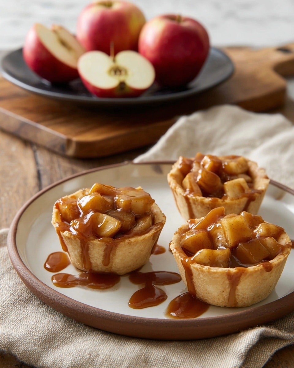 Three small apple tarts are placed on a white plate with a brown rim, sitting on a textured beige cloth over a white marbled surface. Each tart consists of a golden, flaky crust shaped like a cup, filled with soft, warm apple pieces coated in a shiny, brown caramel sauce that slightly drips down the sides. In the background, there is a white bowl with extra caramel sauce and half a red apple cut into pieces, slightly out of focus. Photo taken with an iphone --ar 4:5 --v 7