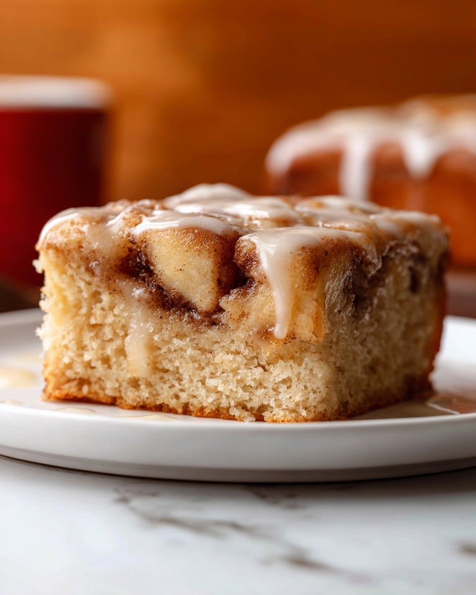 A close-up of a thick square piece of cinnamon apple cake on a white plate with soft edges, resting on a white marbled textured surface with a beige cloth underneath. The cake has two main layers: a light brown spongy base with visible air pockets, and a dense fruit layer on top featuring chunks of apple coated in cinnamon and sugar, giving it a slightly glossy and caramelized look. The top is drizzled unevenly with white icing that contrasts with the warm tones of the cake, and the background shows a blurred white marbled texture with red and neutral tones. photo taken with an iphone --ar 4:5 --v 7