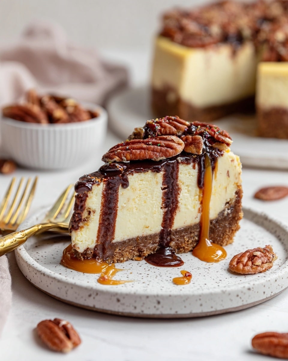 A single slice of cheesecake sits on a white plate with a textured surface against a white marbled background. The cheesecake has three clear layers: a crumbly golden-brown base, a thick creamy pale yellow middle, and a thin dark brown stripe in the center. The top is covered with whole pecans and drizzled with glossy dark chocolate and amber caramel sauce, some dripping down the sides. Scattered pecan pieces lie around the plate, adding texture. In the blurred background, the whole cheesecake and a bowl of pecans are visible. Photo taken with an iphone --ar 4:5 --v 7