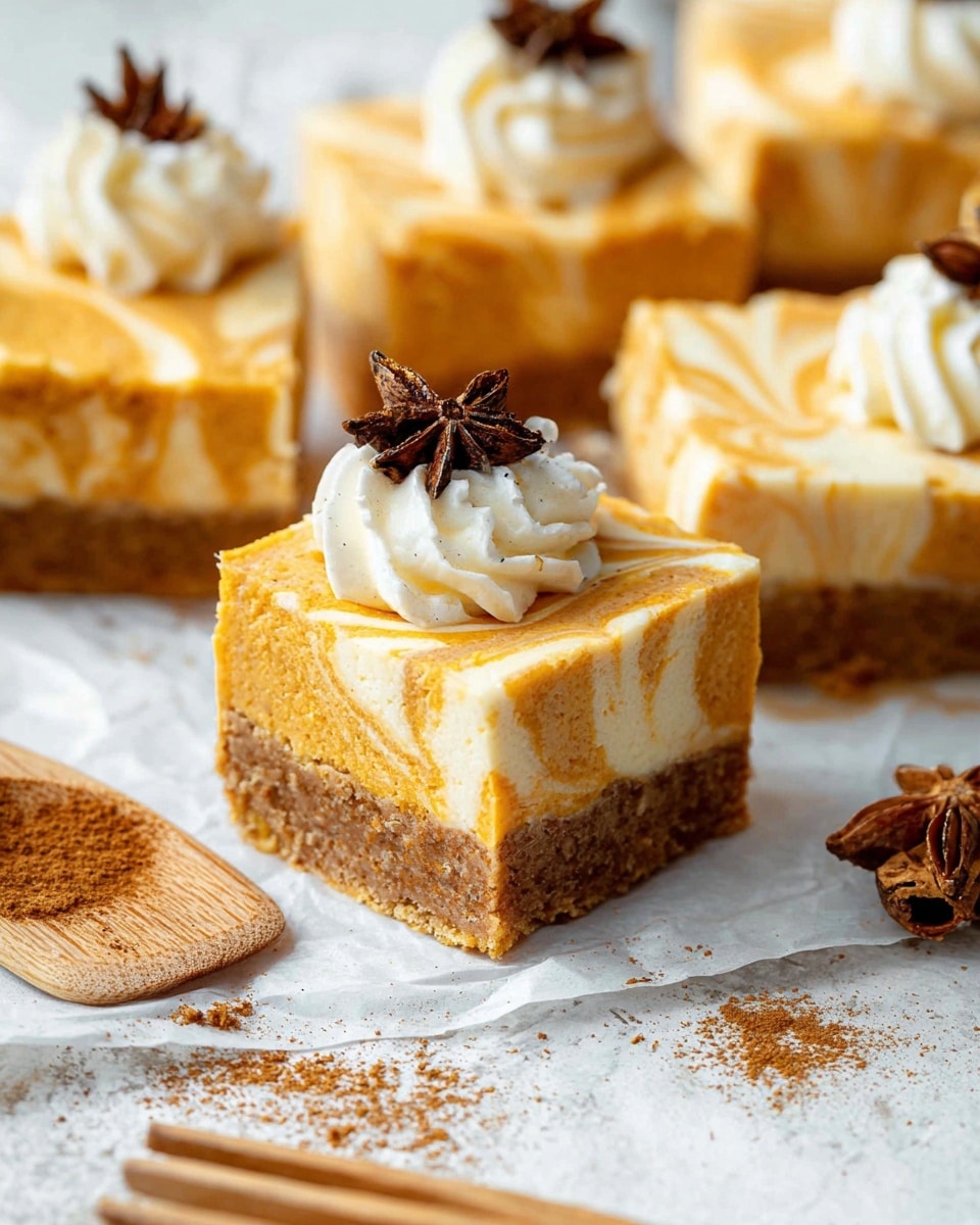 The image shows a square piece of dessert with three visible layers: a bottom thick crust layer in light brown, a middle creamy off-white layer, and a top layer mixed with light brown and off-white swirls, giving a marbled look. On top of the dessert is a small swirl of white whipped cream sprinkled with brown spice powder, and it is decorated with a whole star anise. The dessert is placed on white parchment paper on a white marbled surface, with some crumbled bits and star anise scattered around. A silver fork rests nearby on the surface. The background shows more pieces of the dessert in soft focus. Photo taken with an iphone --ar 4:5 --v 7