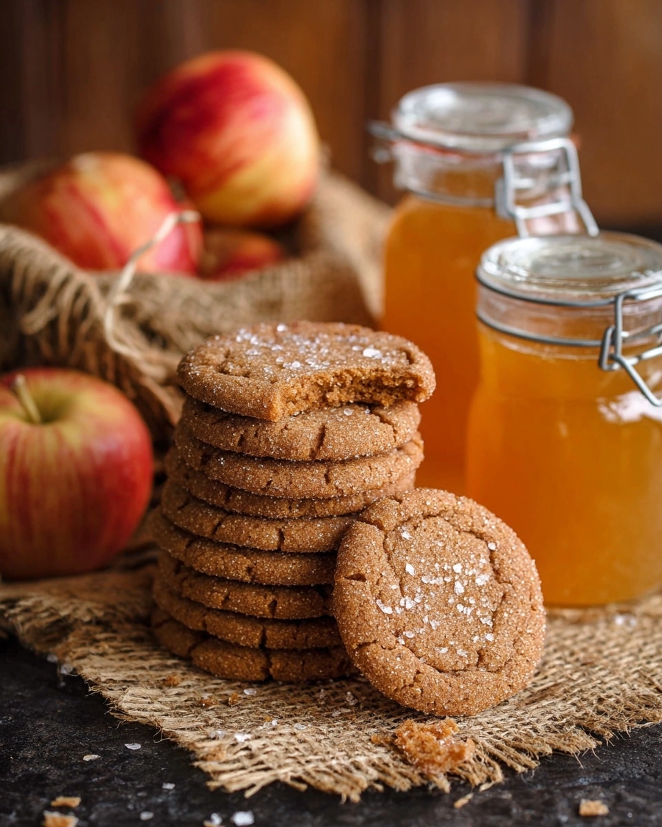 The image shows a stack of nine brown cookies with sugar crystals on top, arranged on a rough beige cloth. One cookie is leaning against the stack at the front, and the top cookie in the stack is broken in half, showing a soft inside texture. Behind the cookies, there are two shiny red apples resting on a burlap sack. On the right side, there is a clear glass jar with a metal clip lid containing orange-colored jam or jelly, and behind it, a tall glass container filled with a similar orange liquid. All items are placed on a dark wooden surface with a white marbled texture background. photo taken with an iphone --ar 4:5 --v 7