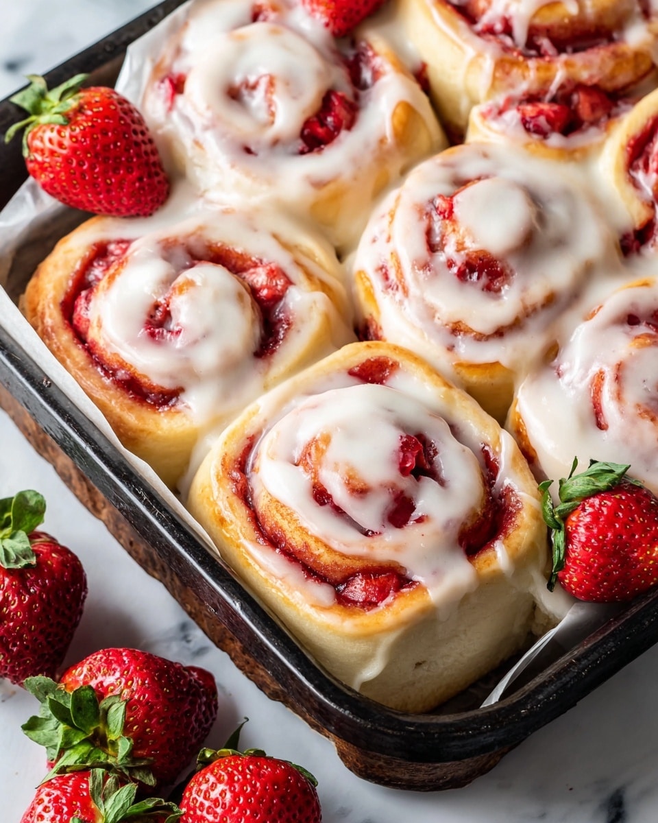 The image shows nine strawberry cinnamon rolls in a black baking pan lined with white paper. Each roll has a golden brown dough base with bright red strawberry filling swirled inside, topped with thick, creamy white icing that covers most of the surface. Fresh red strawberries with green tops are scattered around the pan on a white marbled surface, adding a fresh touch to the scene. The rolls are arranged closely together, displaying their soft and fluffy texture clearly. photo taken with an iphone --ar 4:5 --v 7
