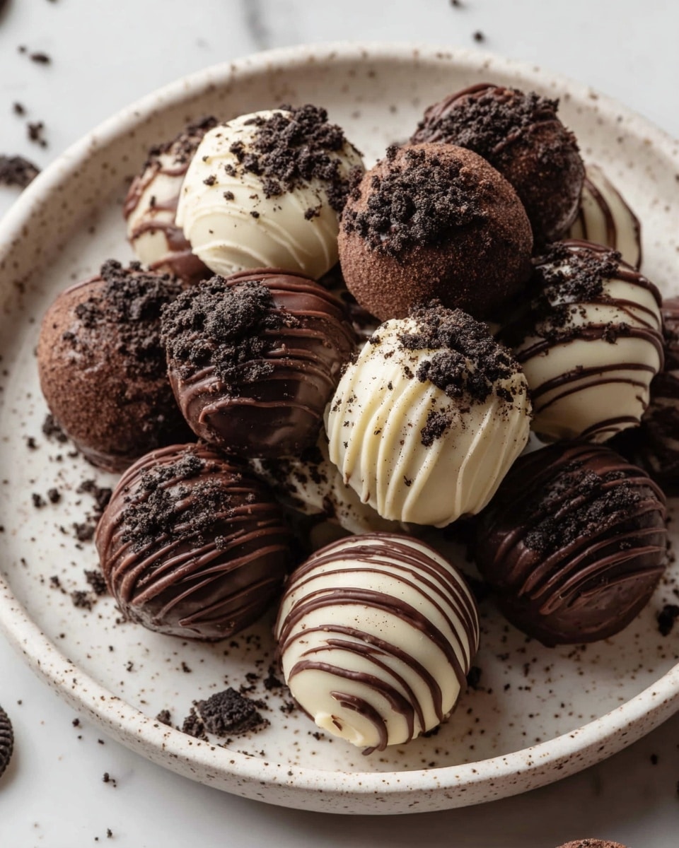 A white speckled round plate filled with two types of smooth, round truffles stacked closely together, about two layers deep. One type is covered in dark chocolate with fine ridges and sprinkled with crushed dark cookie crumbs, while the other type is covered in white chocolate with similar crushed dark cookie crumbs and drizzled with thin lines of dark chocolate. The plate rests on a white marbled surface with a few dark cookie crumbs scattered around. Photo taken with an iphone --ar 4:5 --v 7