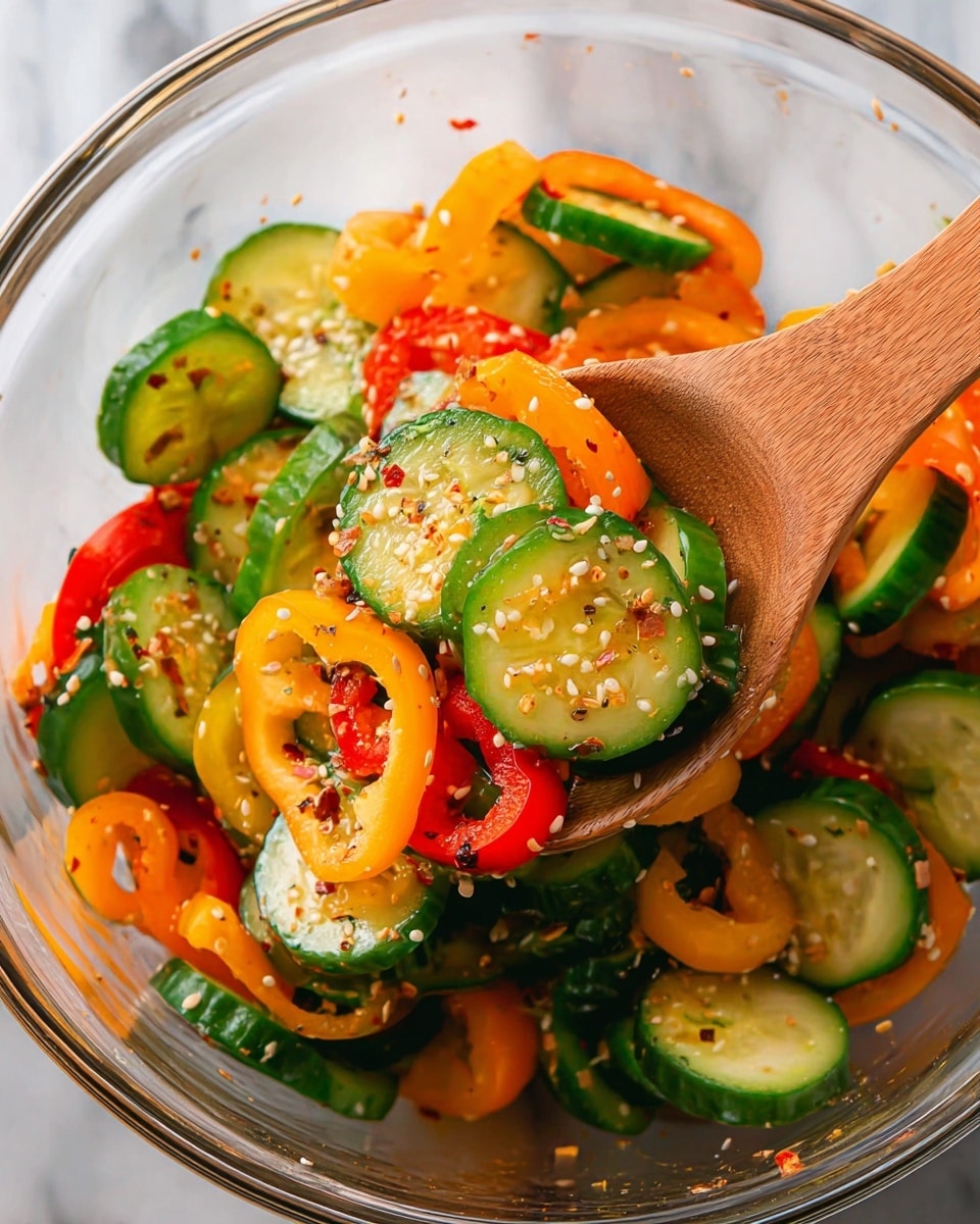 A clear glass bowl is filled with a fresh salad of sliced cucumbers and sweet mini bell pepper rings in colors of red, orange, and yellow. The cucumbers have a bright green skin with a pale green center, and the bell peppers add vibrant hues and a slightly glossy texture. The vegetables are sprinkled evenly with coarse spices including sesame seeds and crushed red pepper flakes, giving a speckled appearance. A wooden spoon is scooping into the bowl, lifting a mix of the colorful layers. The background shows a white marbled texture. photo taken with an iphone --ar 4:5 --v 7