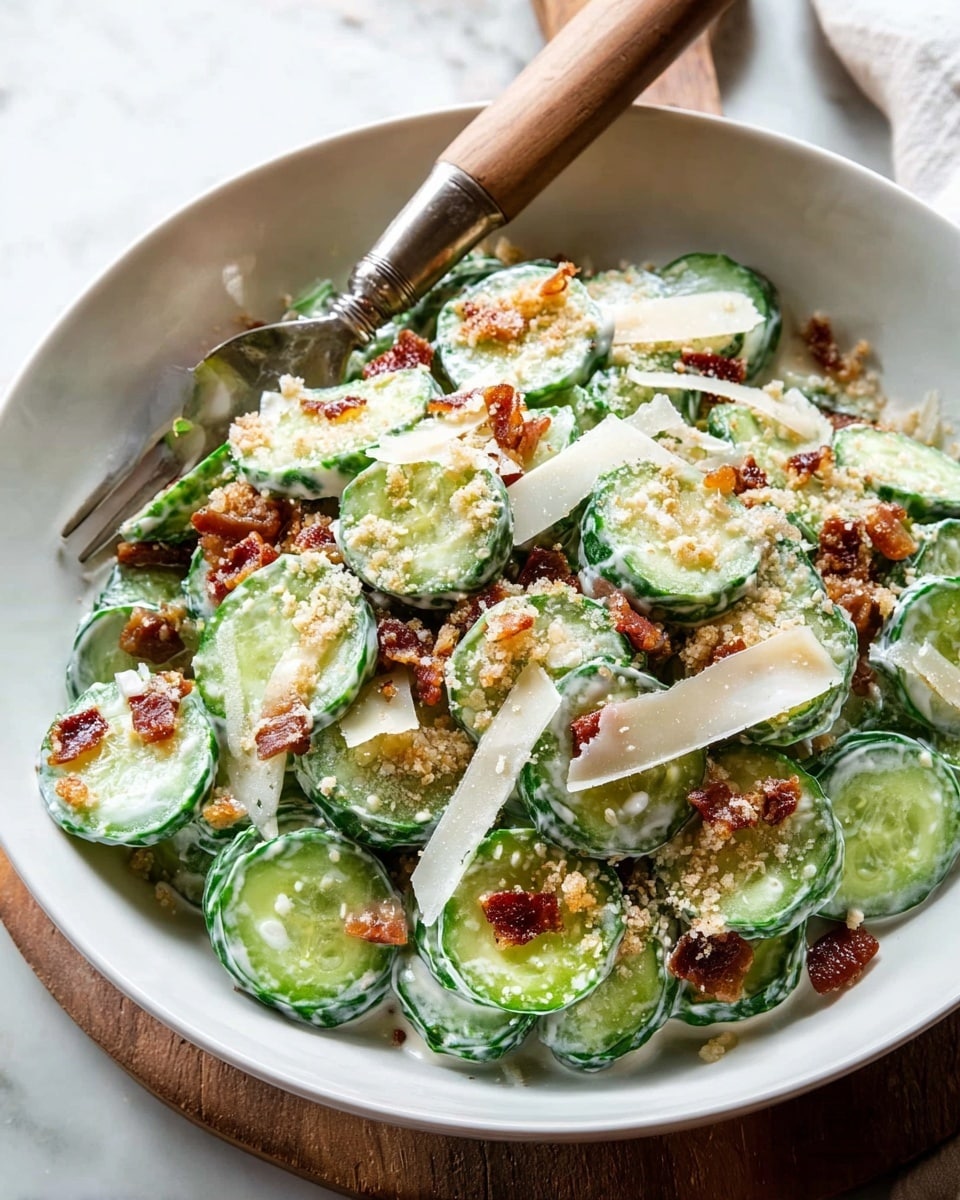 A white bowl filled with a creamy cucumber salad featuring several thick slices of fresh green cucumber coated in a white creamy dressing, topped with crumbled golden-brown toasted breadcrumbs, small pieces of crispy reddish-brown bacon, and thin shavings of pale yellow cheese scattered on top, with a fork resting on the side and a wooden handle visible in the background, placed on a white marbled surface photo taken with an iphone --ar 4:5 --v 7