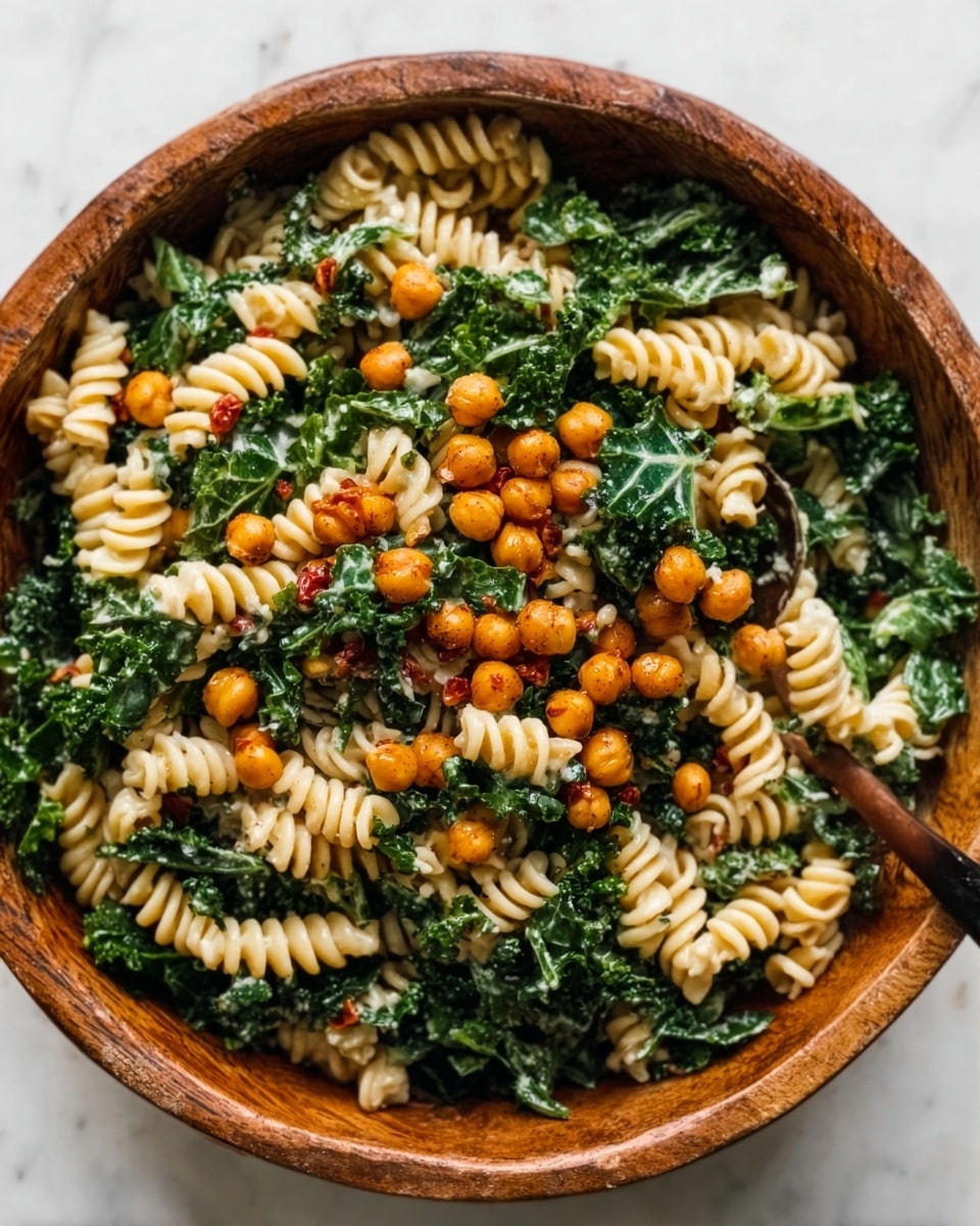 The image shows a wooden bowl filled with a layered salad. The bottom layer consists of dark green kale leaves with a slightly rough texture. On top of the kale, there are light yellow, spiral-shaped pasta pieces arranged evenly throughout. Scattered among the pasta and kale are small, round, golden-brown chickpeas adding a crunchy texture and a pop of warm color. The wooden bowl sits on a white marbled surface, highlighting the fresh and natural look of the dish. photo taken with an iphone --ar 4:5 --v 7