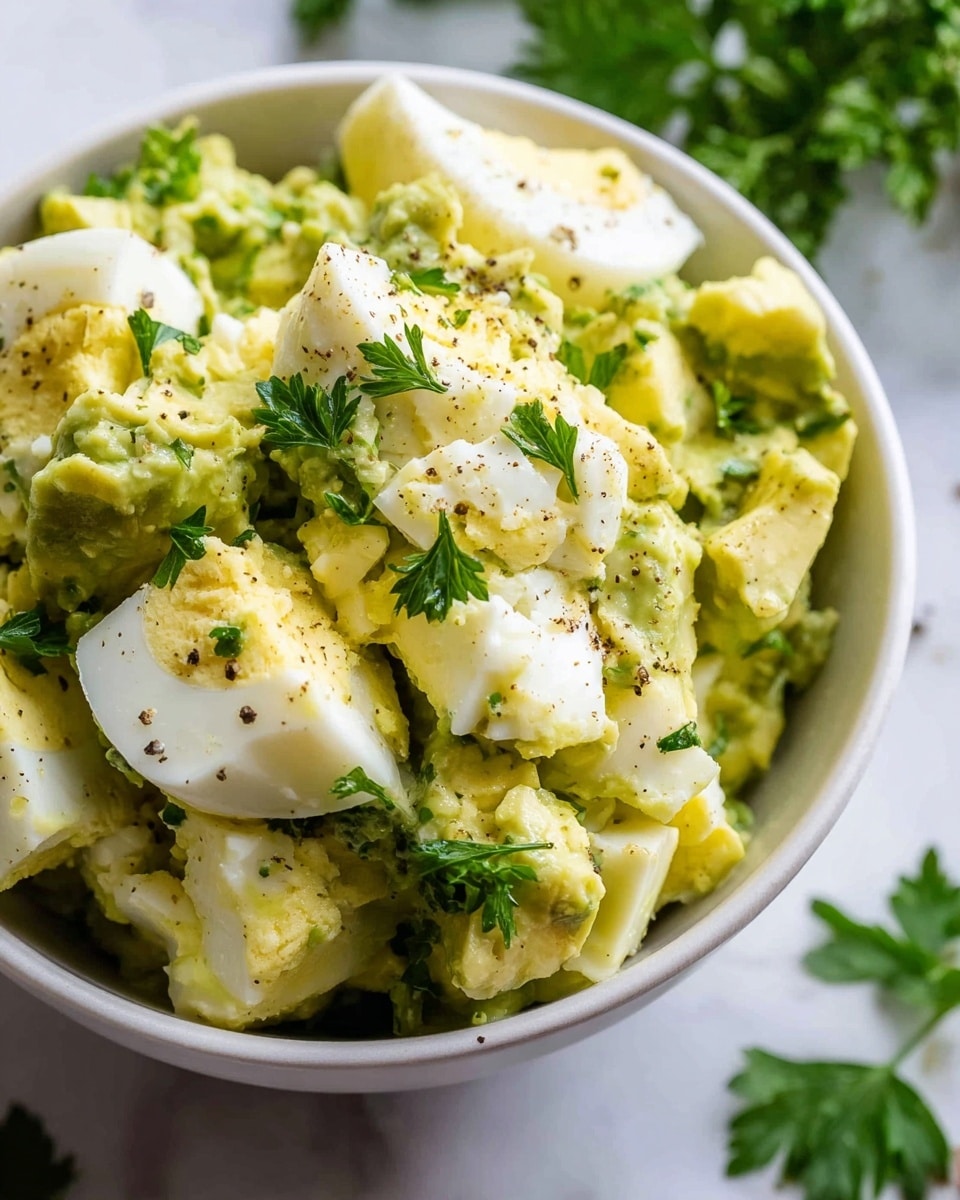 A close-up view of a white bowl filled with a salad showing two main layers: large, chunky pieces of hard-boiled egg whites with a smooth, slightly shiny texture on top, and a creamy, pale green avocado mixture beneath, with bits of both layers mixing together. The salad is sprinkled with small, fresh green parsley leaves and light black pepper specks scattered on top. Around the bowl, there are extra parsley sprigs adding a fresh green touch. The bowl sits on a white marbled texture. Photo taken with an iphone --ar 4:5 --v 7