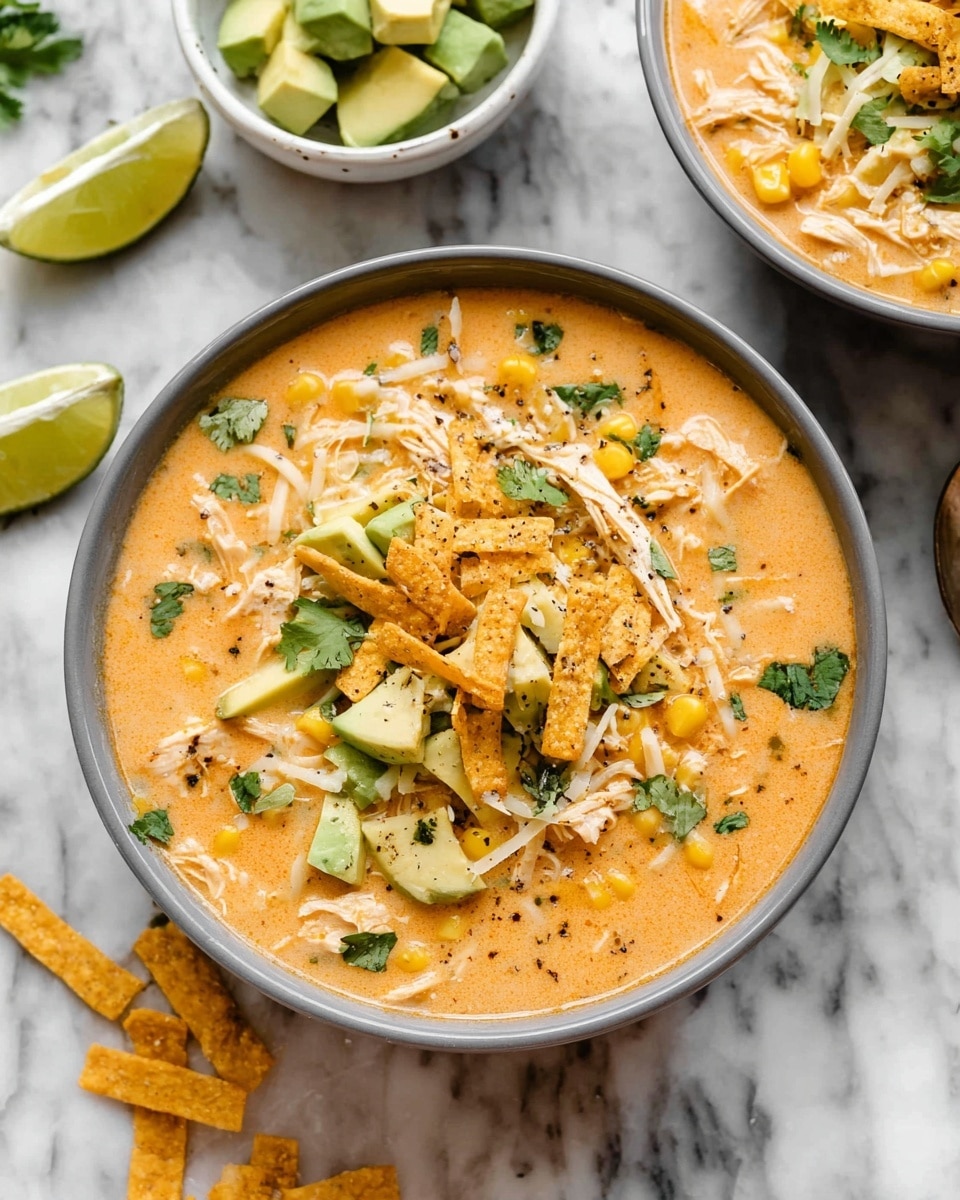 The image shows a white bowl filled with creamy orange soup with pieces of shredded chicken and corn visible in the mix. On top, there are several layers of toppings: shredded orange cheese, cubed green avocado, crispy golden tortilla strips, and green chopped cilantro sprinkled with black pepper. The bowl is placed on a white marbled surface with two lime halves and another bowl of avocado cubes nearby. Some tortilla strips and cilantro leaves are scattered around the bowl. Photo taken with an iphone --ar 4:5 --v 7