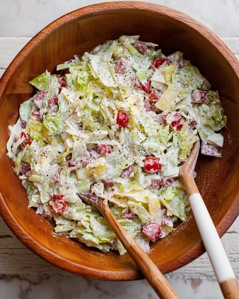 A wooden bowl filled with a creamy salad that has several layers: light green chopped lettuce, small bright red cherry tomato halves, pale yellow cheese cubes, and pieces of pinkish-red deli meat, all mixed together with a white creamy dressing that coats everything evenly. Two wooden salad spoons with white handles rest on the side of the bowl. The bowl sits on a white marbled surface. photo taken with an iphone --ar 4:5 --v 7
