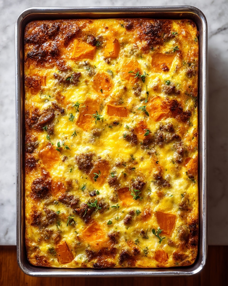 A rectangular baked casserole in a silver metal pan, filled with a golden-brown top with some darker browned spots. The casserole shows scattered chunks of bright orange sweet potato and bits of browned sausage evenly mixed throughout. There are fine green herb pieces sprinkled inside and on top, with a slightly bubbly, cheesy, and eggy texture visible across the surface. The edges are slightly raised and more browned, showing a rich, savory baked dish. The background is a white marbled texture. photo taken with an iphone --ar 4:5 --v 7