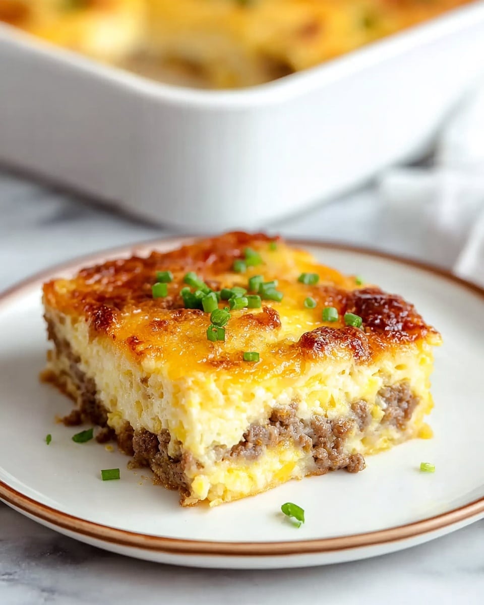 A square piece of baked casserole sits on a white plate with a thin light brown rim, placed on a white marbled surface. The casserole has three visible layers: the bottom and middle layers are pale yellow eggs mixed with browned ground meat, while the top layer is a golden-brown, slightly crispy cheese crust. Small bright green chopped chives are sprinkled on top, adding a fresh color contrast. In the blurred background, a white baking dish contains the remaining casserole. Photo taken with an iphone --ar 4:5 --v 7
