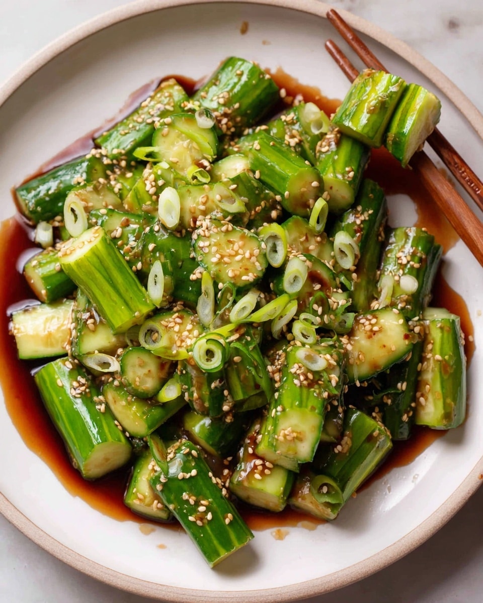 A white plate filled with roughly chopped green cucumber pieces showing their light green inner flesh, layered and mixed with sliced green onions scattered on top. The cucumber slices are covered in a glossy dark brown soy-like sauce pooling slightly at the bottom, sprinkled with small, pale beige sesame seeds. Near the upper right side, a pair of wooden chopsticks holds a few cucumber slices, contrasting with the fresh green and white colors of the dish. The plate sits on a white marbled surface. photo taken with an iphone --ar 4:5 --v 7