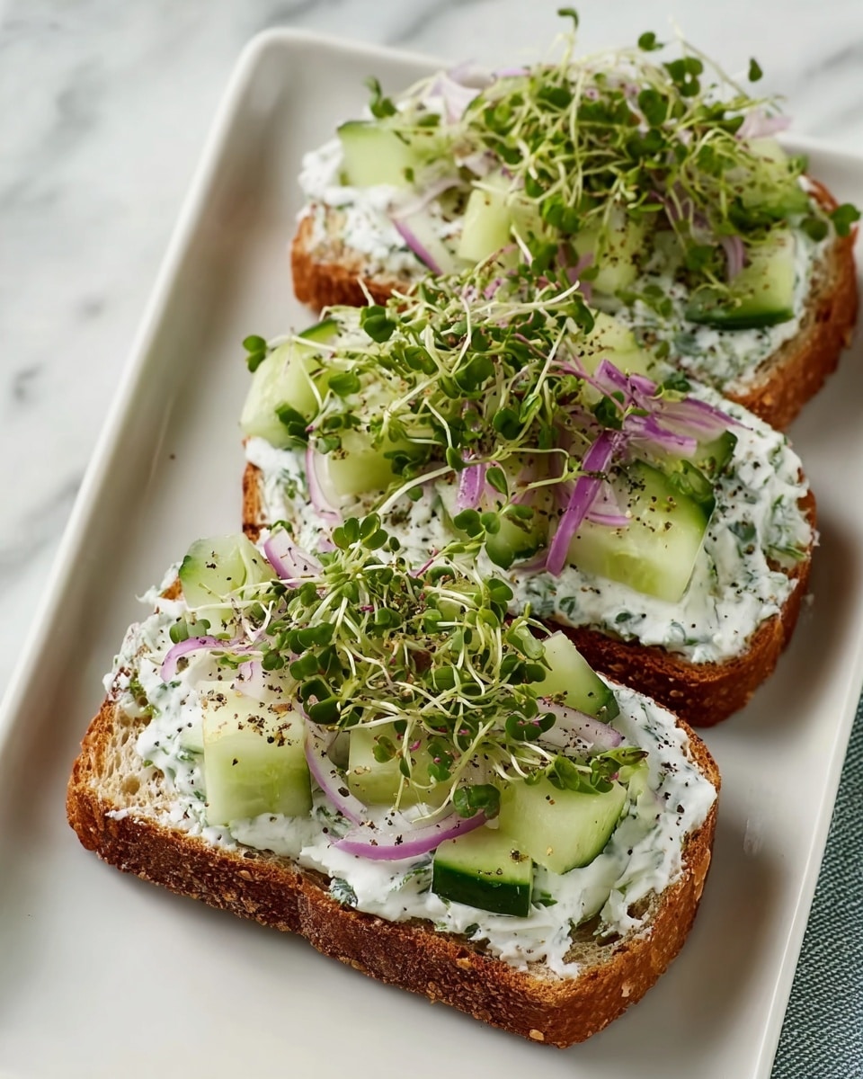 Three slices of toasted whole wheat bread are arranged side by side on a long white rectangular plate, placed on a white marbled surface. Each toast slice has a thick layer of creamy white spread mixed with chopped green herbs, giving a textured appearance. On top of this spread, there are chunks of pale green cucumber and thin, curved slices of purple onion scattered evenly. A generous amount of fresh green sprouts with delicate, thin stems and small leaves are layered over the cucumber and onions, adding a lively, fresh touch. The whole dish is lightly sprinkled with black pepper, enhancing the colors and textures. photo taken with an iphone --ar 4:5 --v 7