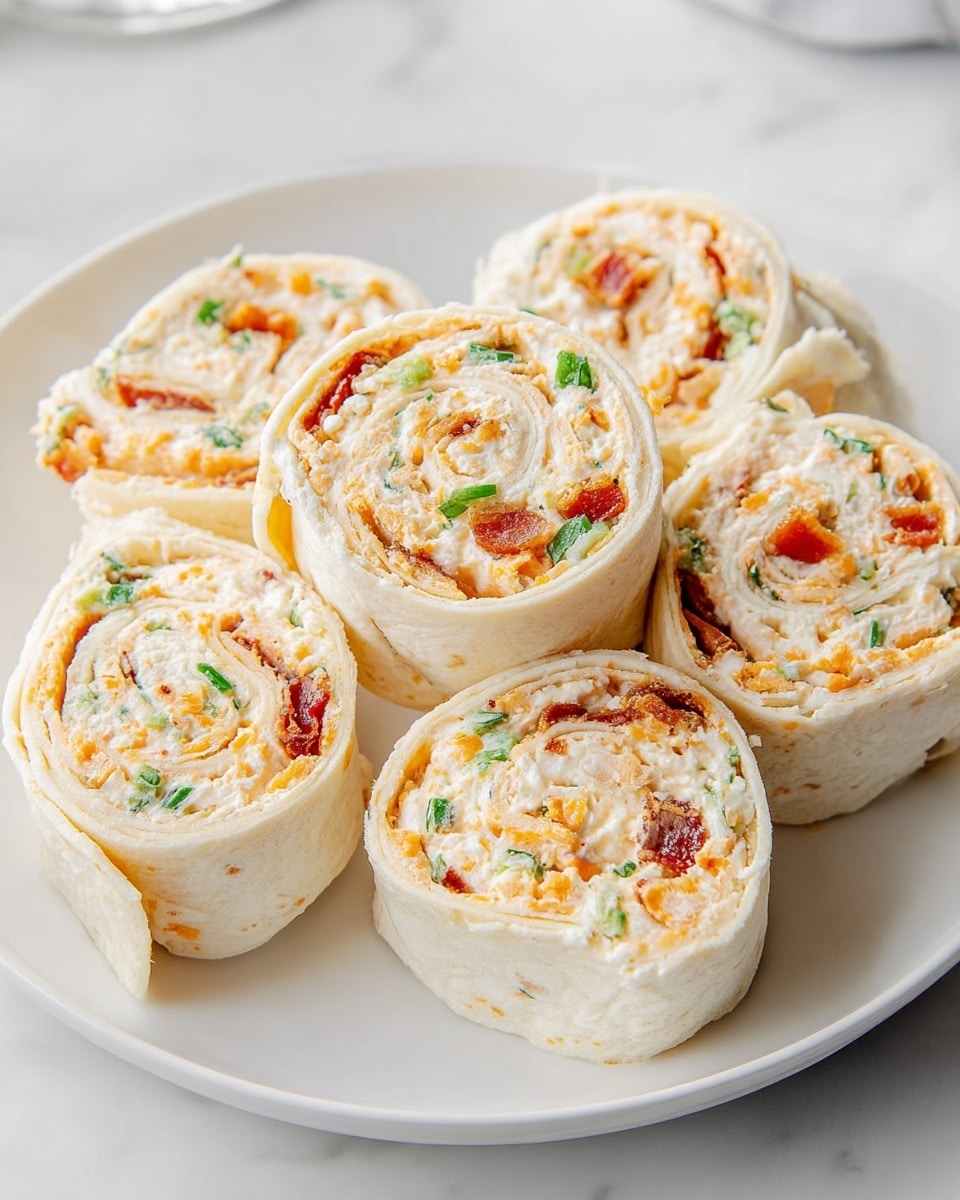 The image shows a white plate with six rolled tortilla pinwheels stacked in a small pile on a white marbled surface. Each pinwheel slice has a thin, soft white tortilla as the outer layer, and inside there is a creamy white spread mixed with small diced orange cheese bits, finely chopped green herbs, and small reddish pieces that appear to be bits of bacon or tomato. The texture of the filling looks smooth with a bit of chunkiness from the added ingredients, creating a colorful swirl inside the spiral shape. Photo taken with an iphone --ar 4:5 --v 7