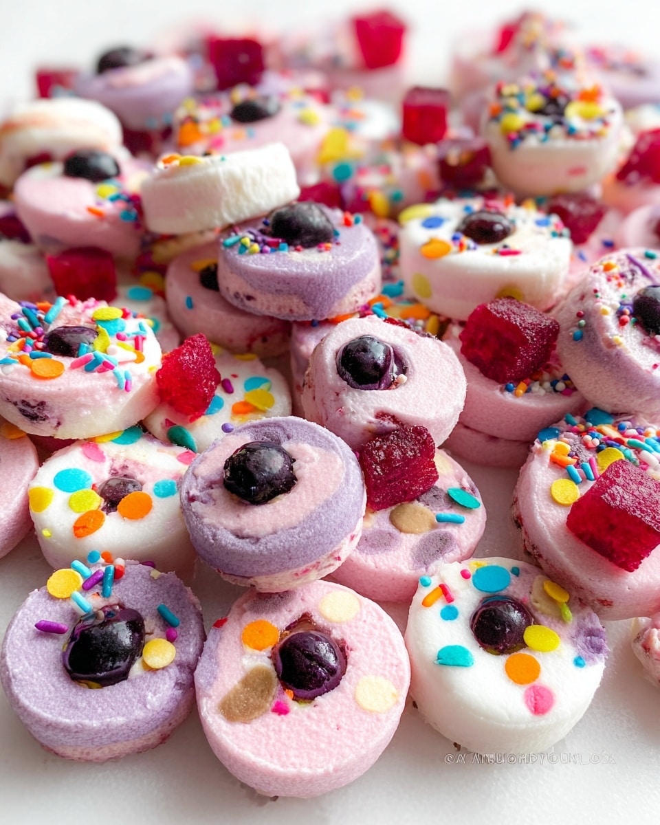 The image shows a close-up of many colorful small round treats piled together on a white marbled surface. There are three main layers to the treats: a soft pink or light purple base, some with a smooth, creamy texture; white layers with colorful round sprinkles scattered on top, adding bright spots of red, yellow, blue, green, and orange; and pieces of fresh-looking red fruit cubes or whole dark blueberries placed on top of many treats. Some treats are decorated with small dark chocolate chips clustered on the surface. The overall look is a mix of pastel colors with bright highlights from the sprinkles and fruit, creating a playful, inviting feel. photo taken with an iphone --ar 4:5 --v 7