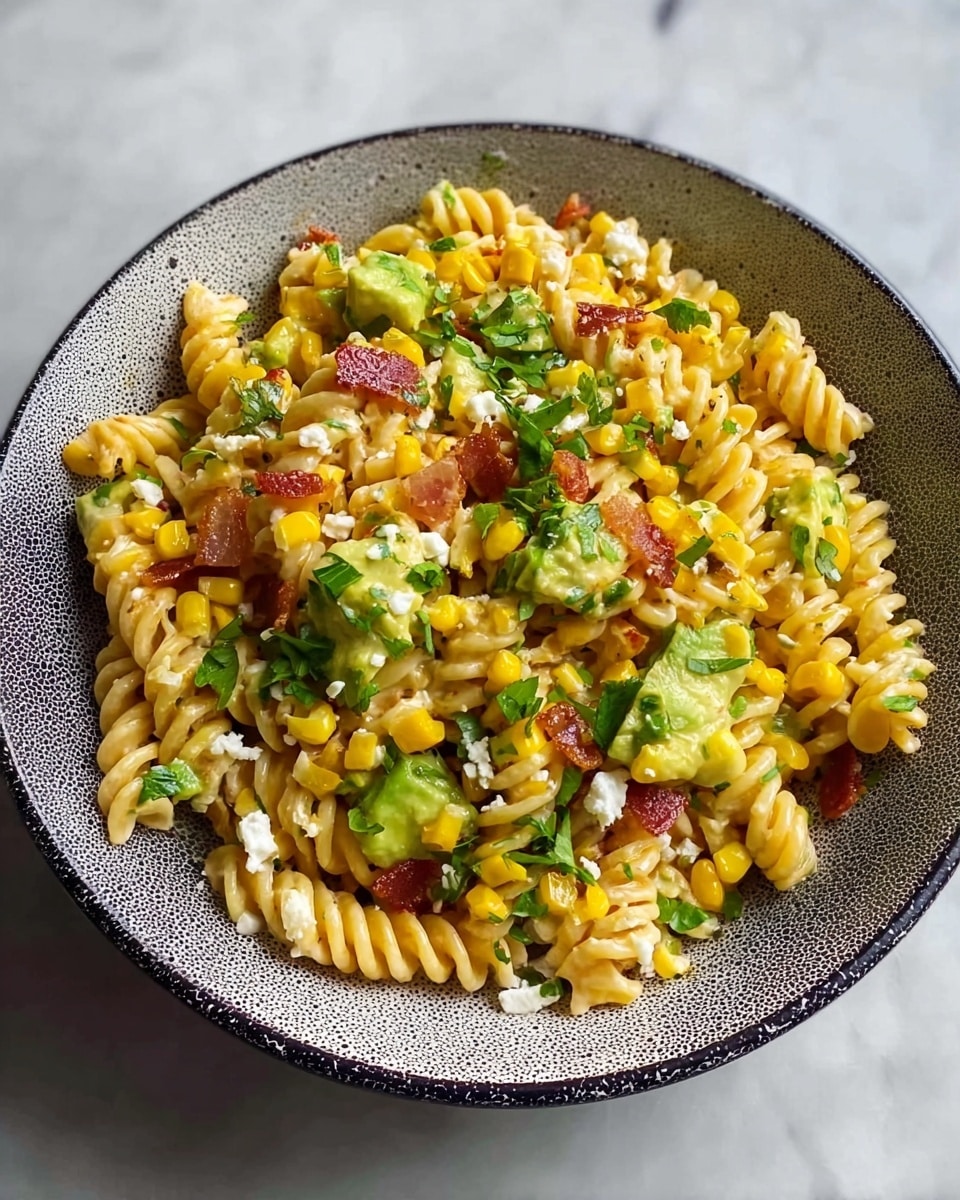 A bowl filled with creamy spiral pasta mixed with bright yellow corn kernels and chunks of green avocado sits on a white marbled surface. There are bits of crispy bacon adding reddish-brown strips among the pasta, while fresh chopped green herbs are sprinkled on top, giving a fresh look. The pasta is coated with a smooth, slightly shiny sauce, and small white cheese crumbles are scattered around. The bowl is white with a fine black speckled texture on the inside, adding contrast to the colorful ingredients. photo taken with an iphone --ar 4:5 --v 7