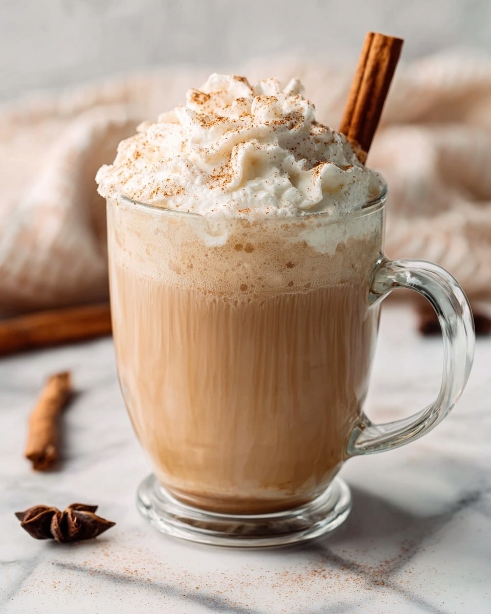 A clear glass mug filled with a creamy light brown drink, topped with a thick layer of white whipped cream sprinkled with brown cinnamon powder. A small cinnamon stick rests on the whipped cream at the back right side. The mug is placed on a white marbled surface with blurred coffee beans in the background. Photo taken with an iphone --ar 4:5 --v 7