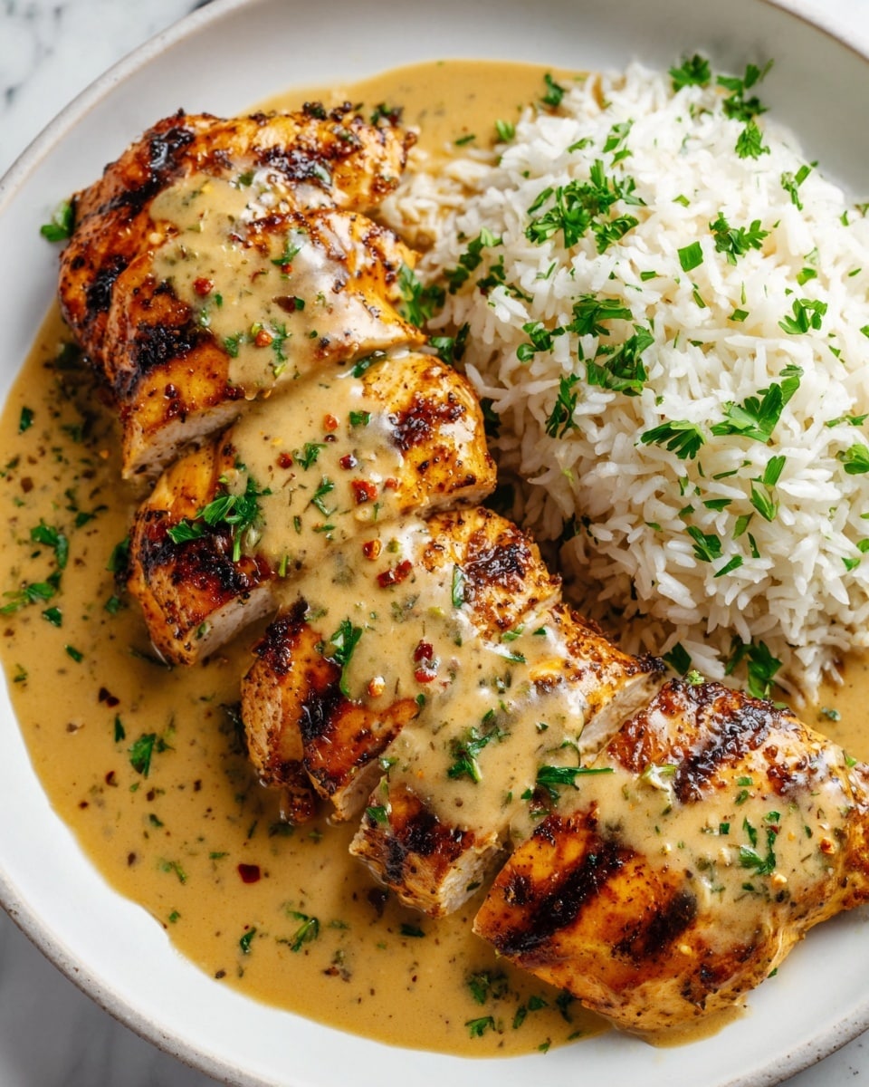 The dish shows three grilled chicken breasts with brown, crispy grill marks, covered in a creamy, light brown sauce with visible herbs and pepper flakes. The chicken is placed on the left side of a white plate, next to a portion of plain white rice garnished with fresh green parsley. The plate sits on a white marbled surface, and the overall lighting highlights the textures and colors of the food clearly. photo taken with an iphone --ar 4:5 --v 7