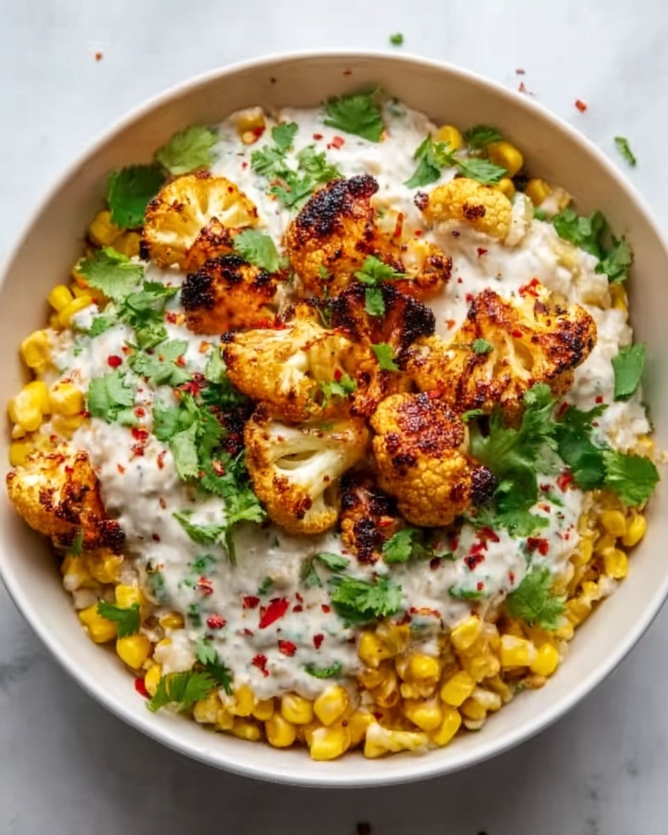A white bowl filled with three layers of food, placed on a white marbled surface. The bottom layer is yellow corn kernels with a juicy look. On top of the corn, there are pieces of grilled cauliflower that are golden brown with small charred spots. The top layer is a creamy white sauce drizzled all over, garnished with small green cilantro leaves and some red chili flakes scattered around. Photo taken with an iphone --ar 4:5 --v 7
