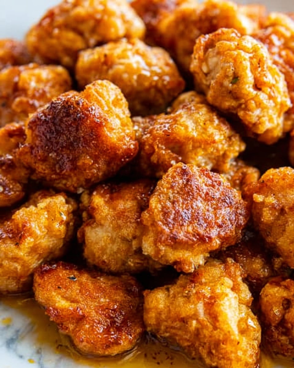 The image shows a close-up of many bite-sized fried chicken pieces that are golden brown with a slightly crispy texture. The chicken pieces vary in shape and size, with some showing a darker, well-cooked crust while others are lighter and more golden. There is a thin layer of shiny oil or sauce coating the chicken, giving it a glistening appearance. The background is a white marbled texture. Photo taken with an iphone --ar 4:5 --v 7