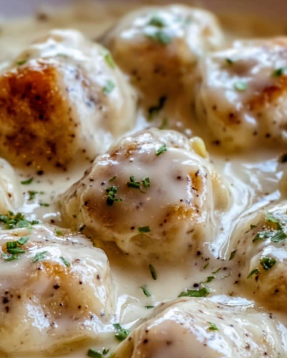 The image shows small round dumplings covered with a creamy white sauce that has a slightly melted and glossy texture. The dumplings have a golden-brown, lightly crispy top with small green herb bits sprinkled over them. The scene is close-up, focusing on the dumplings' soft and smooth surfaces under the sauce, with tiny black specks visible on the sauce. The background is a white marbled texture. Photo taken with an iphone --ar 4:5 --v 7