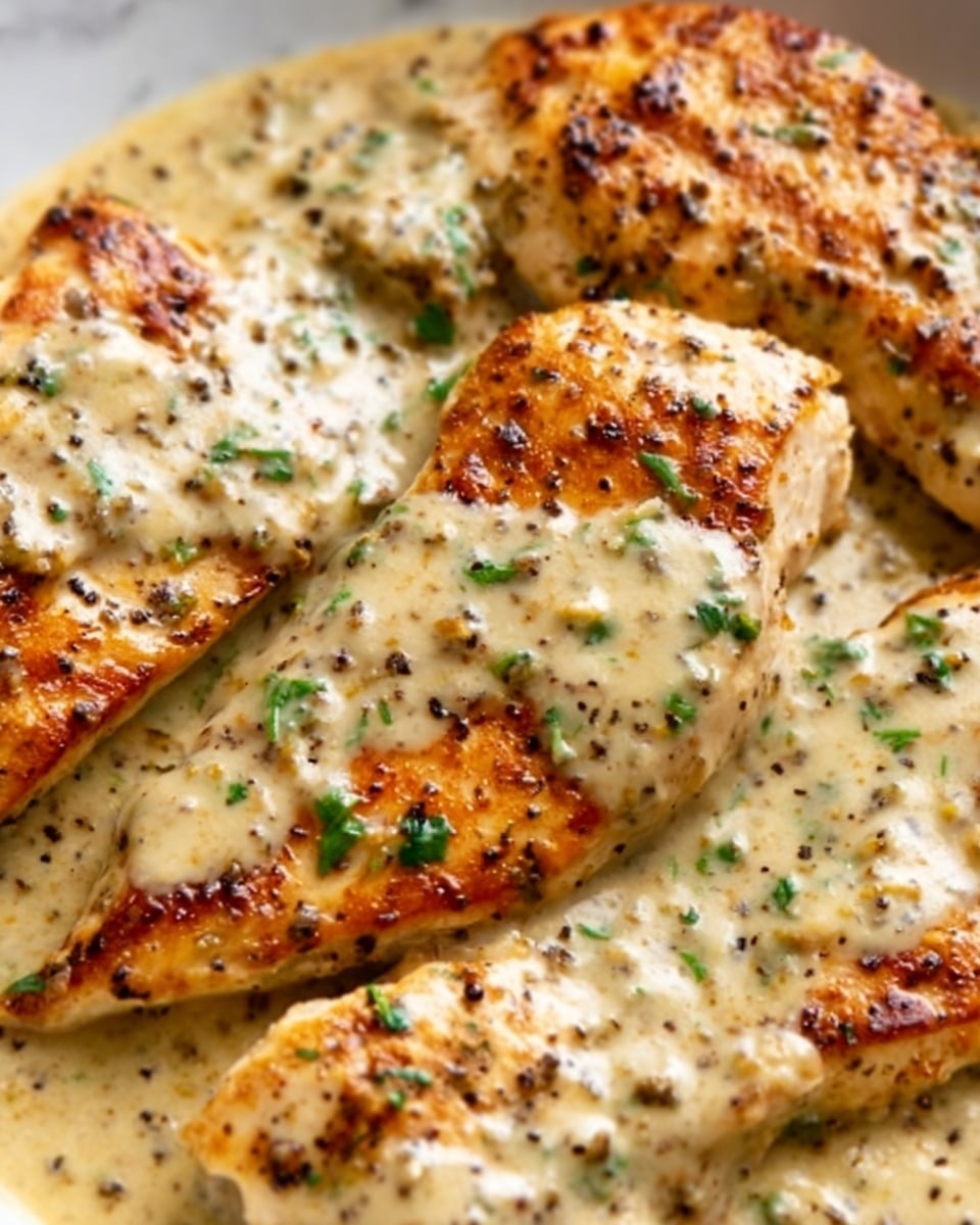 The image shows several pieces of golden-brown chicken breasts cooked in a creamy sauce with visible specks of black pepper and herbs. The chicken has a slightly crispy texture on the outside with grill marks and is partially covered with a smooth, light beige sauce that has small green herb bits. The sauce looks rich and thick, pooling lightly around the chicken. The background is a white marbled surface. photo taken with an iphone --ar 4:5 --v 7
