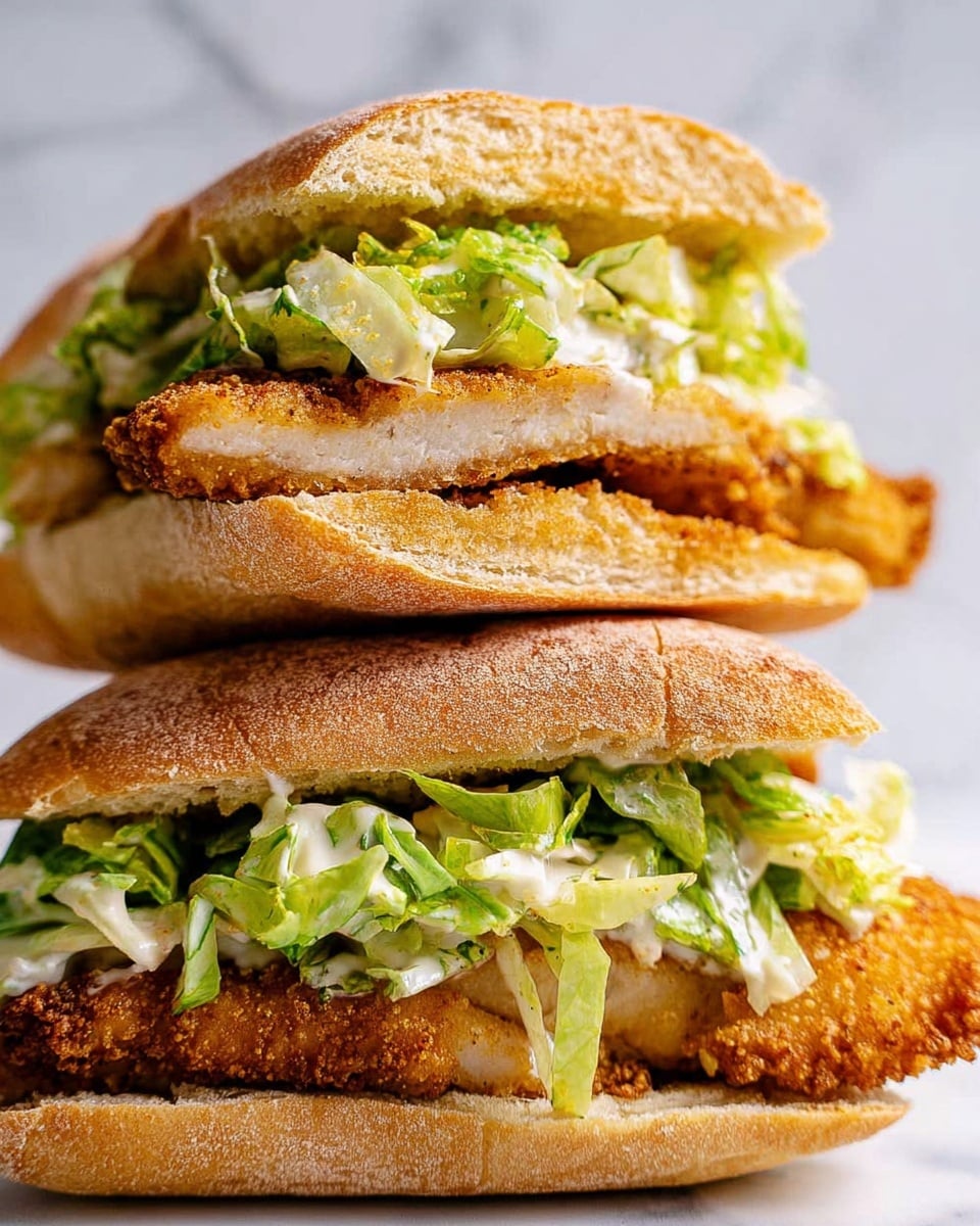 The image shows two stacked sandwiches, each with three main layers. The top and bottom layers are light brown, crispy bread rolls with a slightly rough texture. Inside each sandwich is a golden-brown crispy fried chicken fillet, textured with small crunchy bits. On top of the chicken, there is a layer of fresh, light green lettuce with creamy white dressing mixed in, adding a creamy texture and slight shine. The background has a white marbled texture. photo taken with an iphone --ar 4:5 --v 7