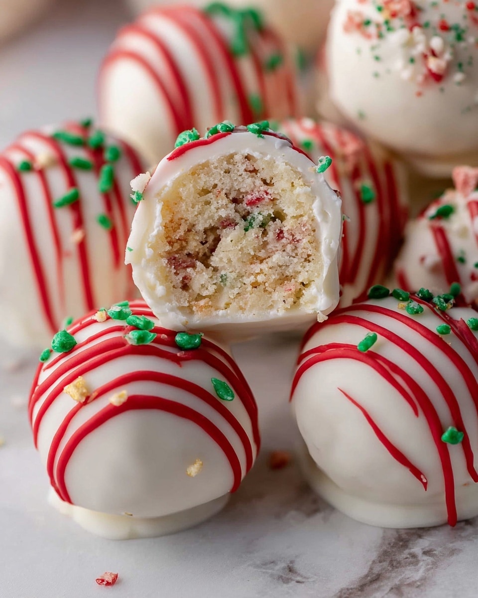 The image shows several round cake balls covered in smooth white chocolate. Each ball has three thin, evenly spaced red stripes on top, made of icing, and small green sprinkles scattered around the stripes. One cake ball is cut in half in the center of the image, revealing a crumbly inside with a mix of white, red, and green bits, showing a festive texture. The cake balls sit on a white marbled surface, creating a clean and bright background. photo taken with an iphone --ar 4:5 --v 7
