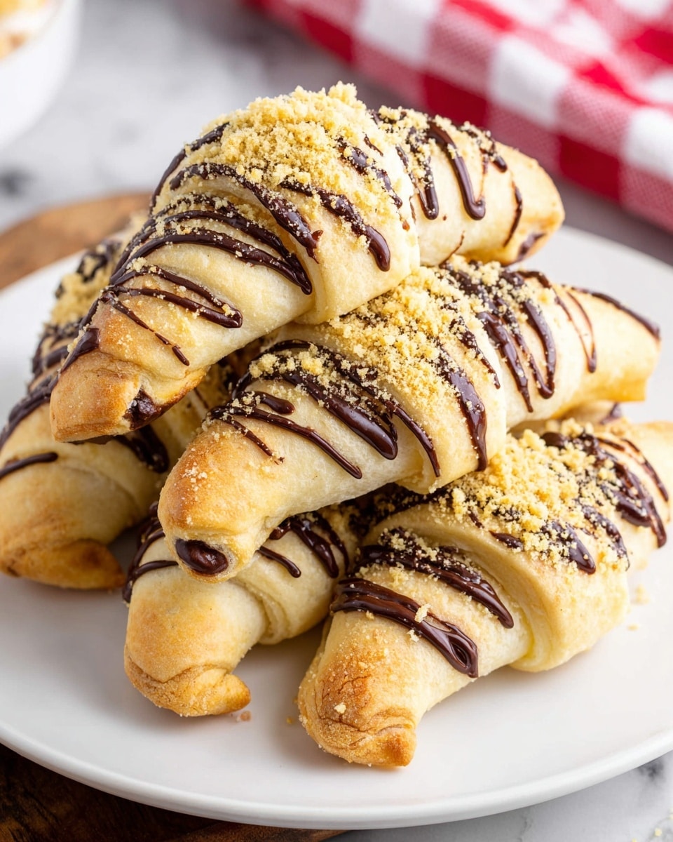 A stack of five golden brown crescent rolls is placed on a white plate on a white marbled surface. Each crescent roll has a soft, flaky outer layer with visible folds and a slightly crisp texture. They are drizzled generously with dark chocolate sauce in diagonal lines across the top, adding a glossy contrast to the matte dough. Light yellowish crumbs, likely crushed graham crackers, are sprinkled over the top, adding a fine texture that contrasts with the smooth chocolate. The ends of the rolls show a peek of melted chocolate inside, indicating a rich filling. A red and white checkered cloth is slightly visible near the top right corner. photo taken with an iphone --ar 4:5 --v 7