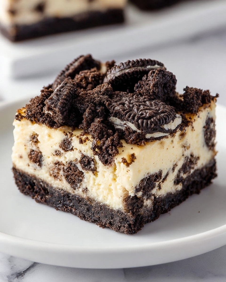 A square piece of dessert with three visible layers sits on a white plate over a white marbled surface. The bottom layer is a dark brown, crumbly cookie crust. The middle layer is a thick, creamy off-white cheesecake mixed with chunks of dark chocolate cookies. The top layer is a dense scattering of crushed dark chocolate cookie pieces and several larger cookie chunks. The texture looks soft and creamy with a rough, crumbly top. Photo taken with an iphone --ar 4:5 --v 7