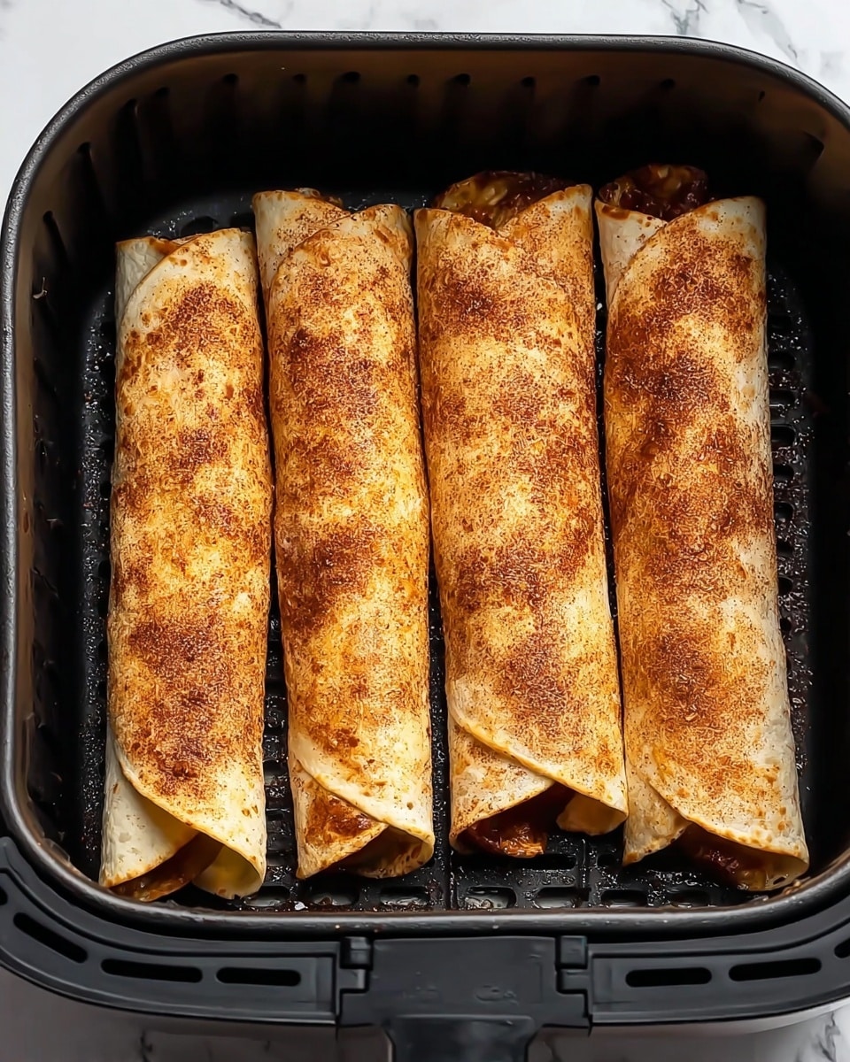 Four rolled tortillas are placed side by side inside a black air fryer basket. Each tortilla is baked to a golden brown with a slightly crispy texture, sprinkled evenly with a cinnamon and sugar mixture that gives a speckled, grainy look on the surface. The tortillas have different sizes, with the smallest on the left and the largest on the right. The ends of the tortillas reveal a bit of caramelized filling inside. The air fryer basket has small holes at the base, and the background is a white marbled texture. photo taken with an iphone --ar 4:5 --v 7