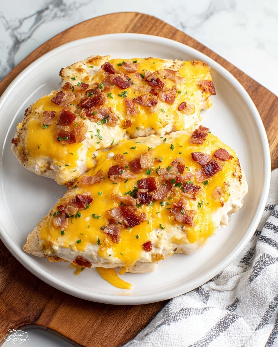 Two pieces of cooked chicken breast lie on a white plate atop a wooden board with a white marbled surface underneath. Each piece has three visible layers: the bottom layer is light beige, slightly browned chicken, the middle layer is a creamy white sauce spread thickly, and the top layer is melted bright yellow cheddar cheese sprinkled with small crispy brown bacon bits and tiny green herb flakes. To the right, part of a white towel with gray stripes is visible. Photo taken with an iphone --ar 4:5 --v 7