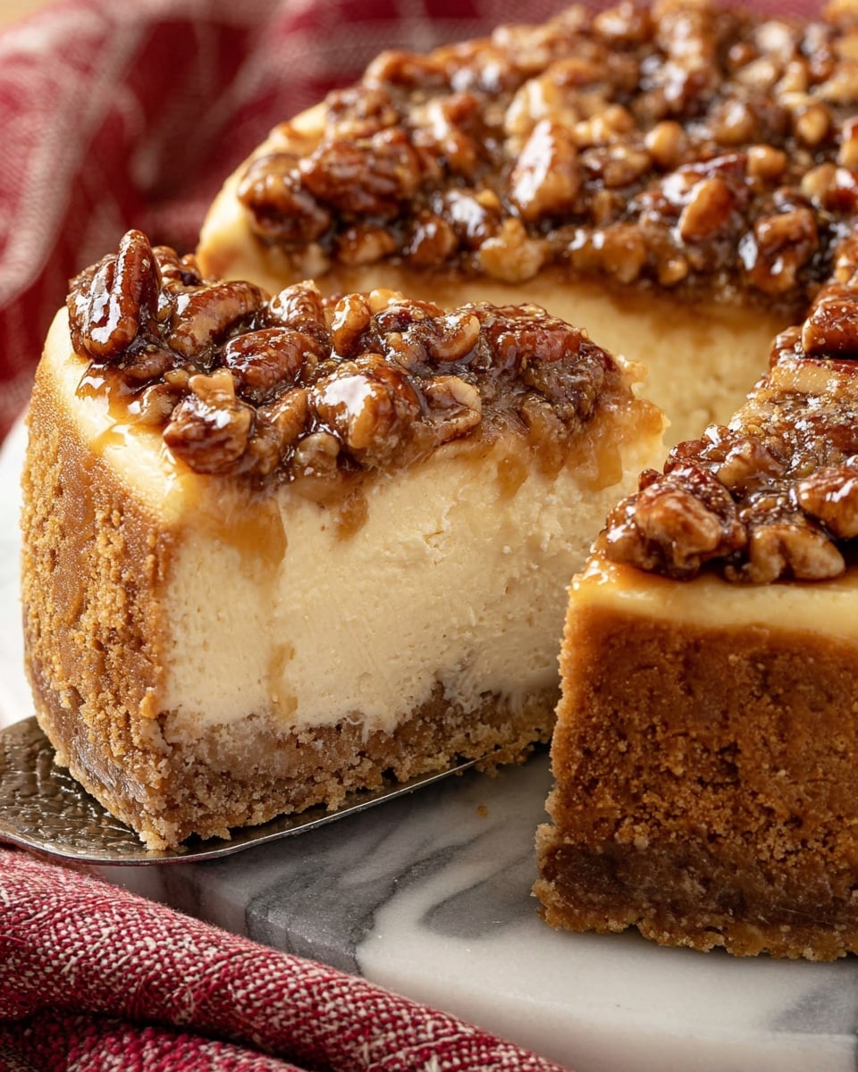 The image shows a cheesecake with three visible layers, placed on a white marbled surface. The bottom layer is a thick, crumbly brown crust that wraps all around the sides. Above this is a thick, creamy, smooth pale yellow cheesecake layer that dominates the middle. The top layer is a rich, sticky-looking caramel layer filled with chunky pieces of pecans, giving a glossy and textured finish. One slice is slightly pulled out to show the layers clearly, and the crust crumbles a bit at the edges. Photo taken with an iphone --ar 4:5 --v 7