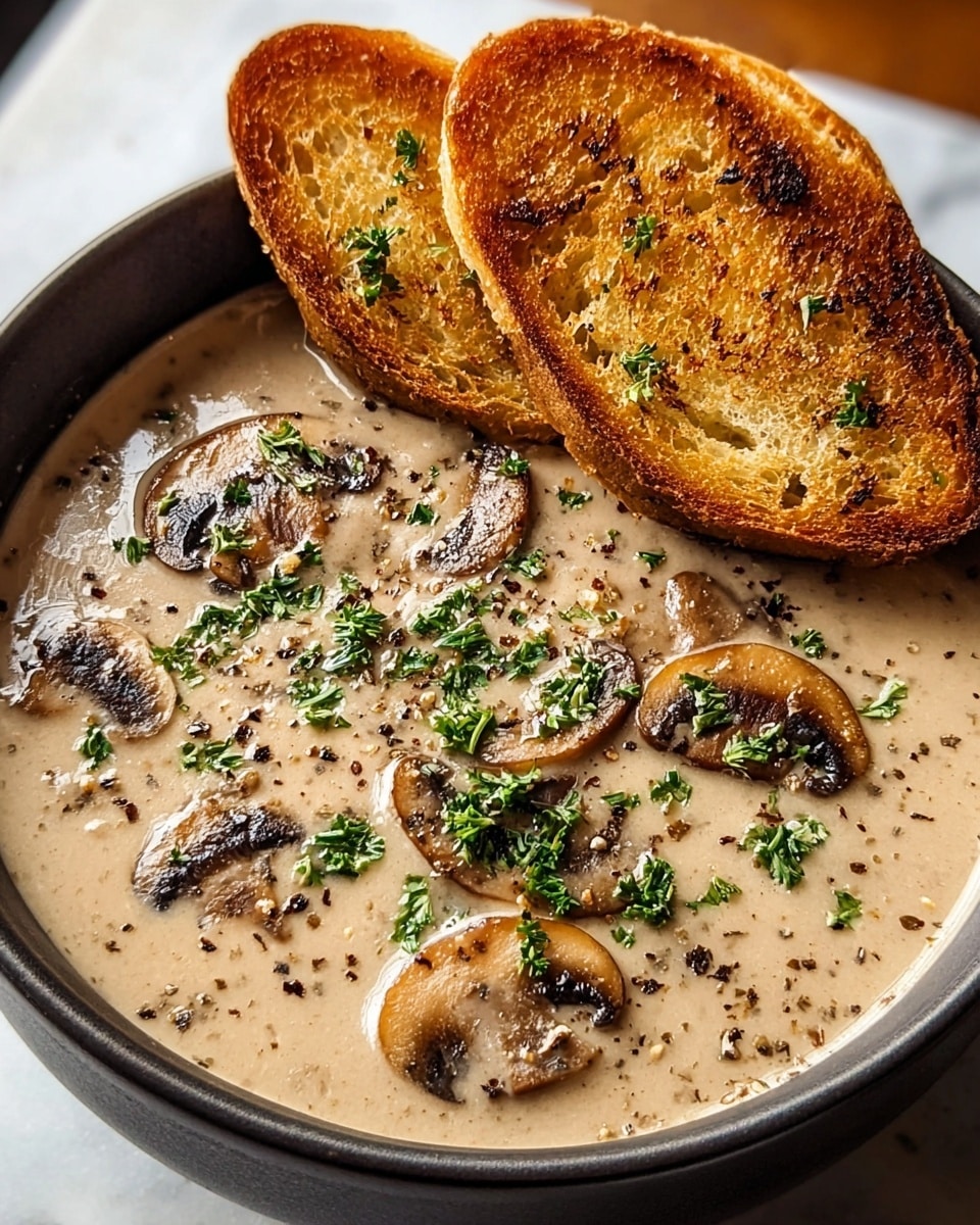 A thick creamy mushroom soup fills a dark bowl, with visible slices of brown mushrooms floating on the light beige surface. Small green parsley leaves and a sprinkle of cracked black pepper are spread on top, adding texture and color. Two toasted golden-brown bread slices lean against the edge of the bowl, their crispy texture contrasting with the smooth soup. The bowl sits on a white marbled surface, softly lit by natural light. Photo taken with an iphone --ar 4:5 --v 7