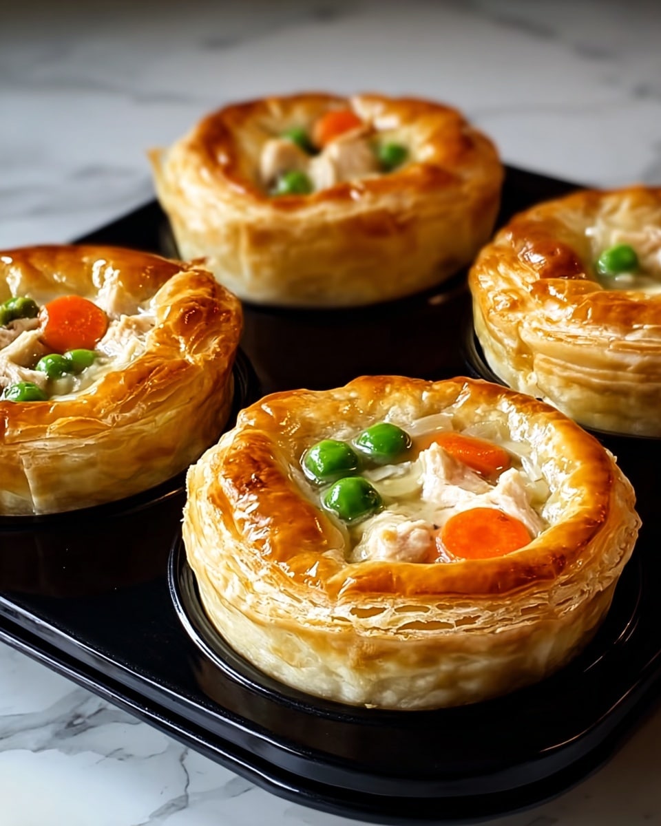 Four small round puff pastry pies sit in a black baking tray on a white marbled texture surface. Each pie has a golden-brown flaky crust with visible layers rising around the edges. Inside, there are chunks of white chicken, bright green peas, and orange carrot pieces, all sitting in a shiny light sauce. The pies look warm and freshly baked, with glossy tops that catch the light. Photo taken with an iphone --ar 4:5 --v 7