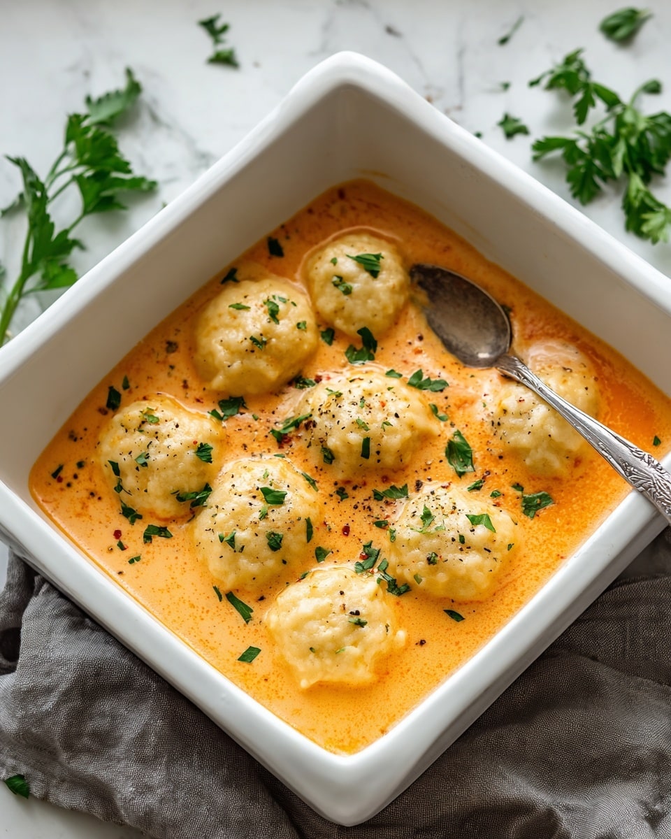 The image shows a white square baking dish filled with an orange creamy sauce as the base layer, smooth in texture. On top, there are six evenly spaced light golden dumplings or biscuits that look soft and fluffy, slightly rounded with a creamy surface. The dish is garnished with small green parsley leaves scattered around and a light sprinkle of black pepper on top. A silver spoon rests on the right side inside the dish. The dish sits on a white marbled surface with a grey cloth beneath and some parsley sprigs blurred in the background. Photo taken with an iphone --ar 4:5 --v 7