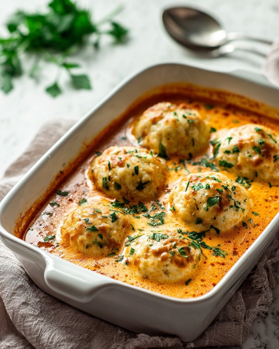 The image shows a white baking dish filled with six round dumplings resting in a rich, creamy orange sauce. Each dumpling is golden-brown on top with a slightly crispy texture and sprinkled with finely chopped green herbs. The sauce has a smooth, velvety texture with visible swirls and hints of melted cheese. The dish is placed on a soft-colored cloth over a white marbled surface, with a silver spoon and green herb leaves blurred in the background. Photo taken with an iphone --ar 4:5 --v 7