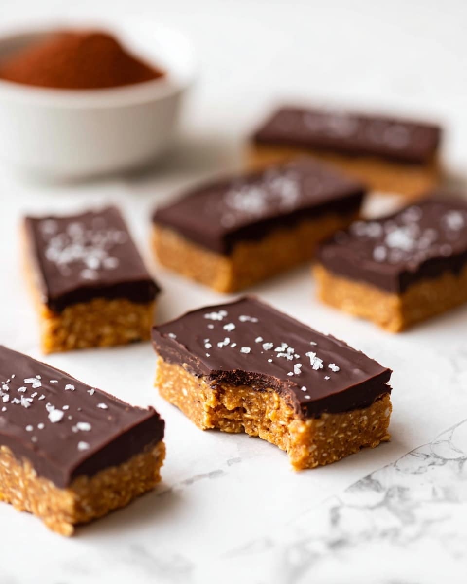 The image shows six rectangular dessert bars with two layers each, arranged on a white marbled surface. The bottom layer is thick and golden brown with a chewy, textured appearance similar to granola or oat mixture. The top layer is a smooth, dark chocolate coating, slightly glossy and sprinkled with coarse sea salt crystals. One bar in the front has a bite taken out of it, revealing the chewy texture inside. In the background, there is a white bowl filled with chocolate or cocoa powder, slightly blurred. The photo taken with an iphone --ar 4:5 --v 7