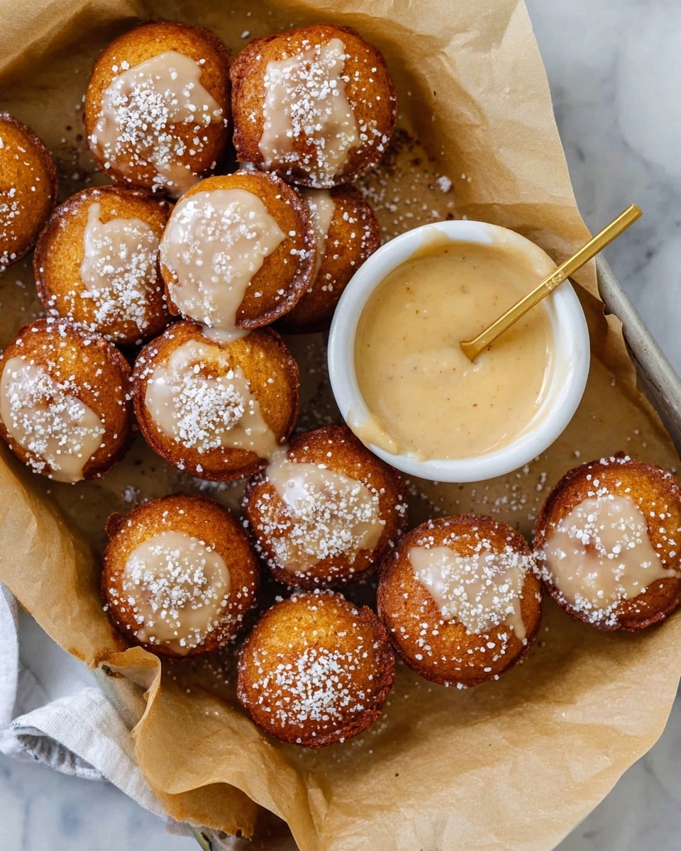 A tray lined with light brown parchment paper holds about fourteen mini round muffins with a golden-brown crust. Some muffins have a thick white glaze spread unevenly on top, while others are dusted with white powdered sugar. To the right of the muffins is a small white ceramic bowl filled with a smooth creamy beige glaze. A gold spoon beside the bowl has some creamy glaze resting on it. The tray sits on a white marbled surface. photo taken with an iphone --ar 4:5 --v 7