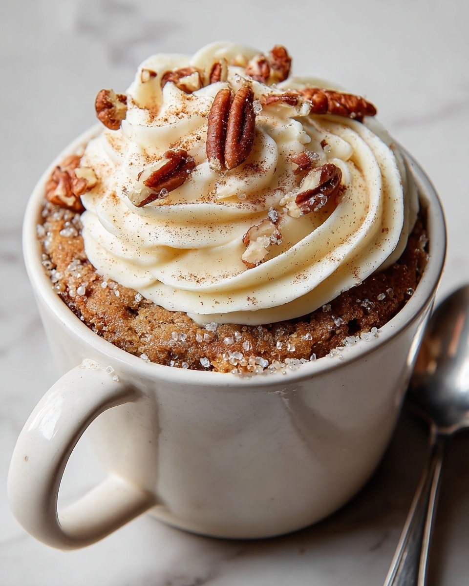 A white ceramic mug filled with a single baked cake layer that is light brown with a crumbly texture and visible white sugar crystals on the surface. On top of the cake is a thick swirl of smooth, creamy white frosting, sprinkled with small chunks of brown pecans and a light dusting of cinnamon powder. The mug is placed on a white marbled surface with a small metal spoon beside it. photo taken with an iphone --ar 4:5 --v 7