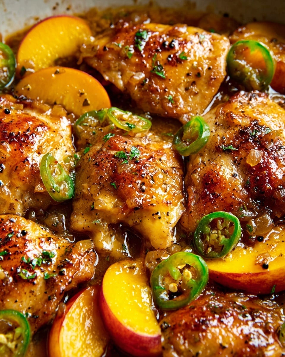 The image shows a close-up of a cooked chicken dish with glossy, browned chicken pieces layered with sliced yellow peaches and small green jalapeño slices scattered across. The chicken has a shiny, slightly oily texture with specks of black pepper and herbs on top. The peaches appear juicy and tender with a warm orange-yellow color contrasting the rich brown chicken. Visible bits of herbs and spices are sprinkled throughout, creating a colorful, fresh look. The background features a white marbled texture. Photo taken with an iphone --ar 4:5 --v 7