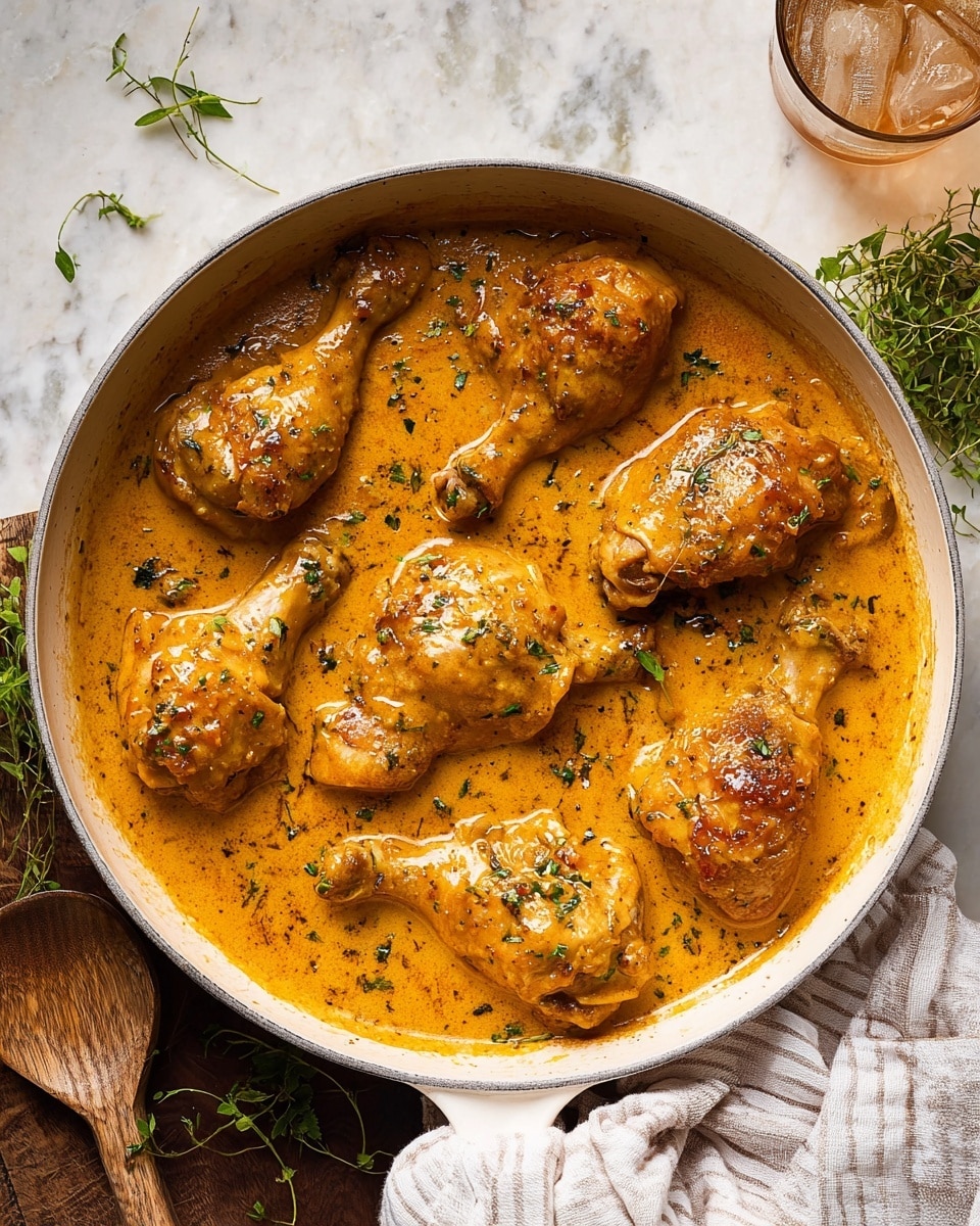 In a white pan filled with creamy orange sauce, there are eight pieces of chicken, showing different shapes like drumsticks and thighs, all covered evenly by the glossy sauce with small green herb bits sprinkled on top; the pan sits on a white marbled texture with some green sprouts scattered around and a striped white cloth partially visible in the corner, plus a glass of iced drink near the top right. photo taken with an iphone --ar 4:5 --v 7