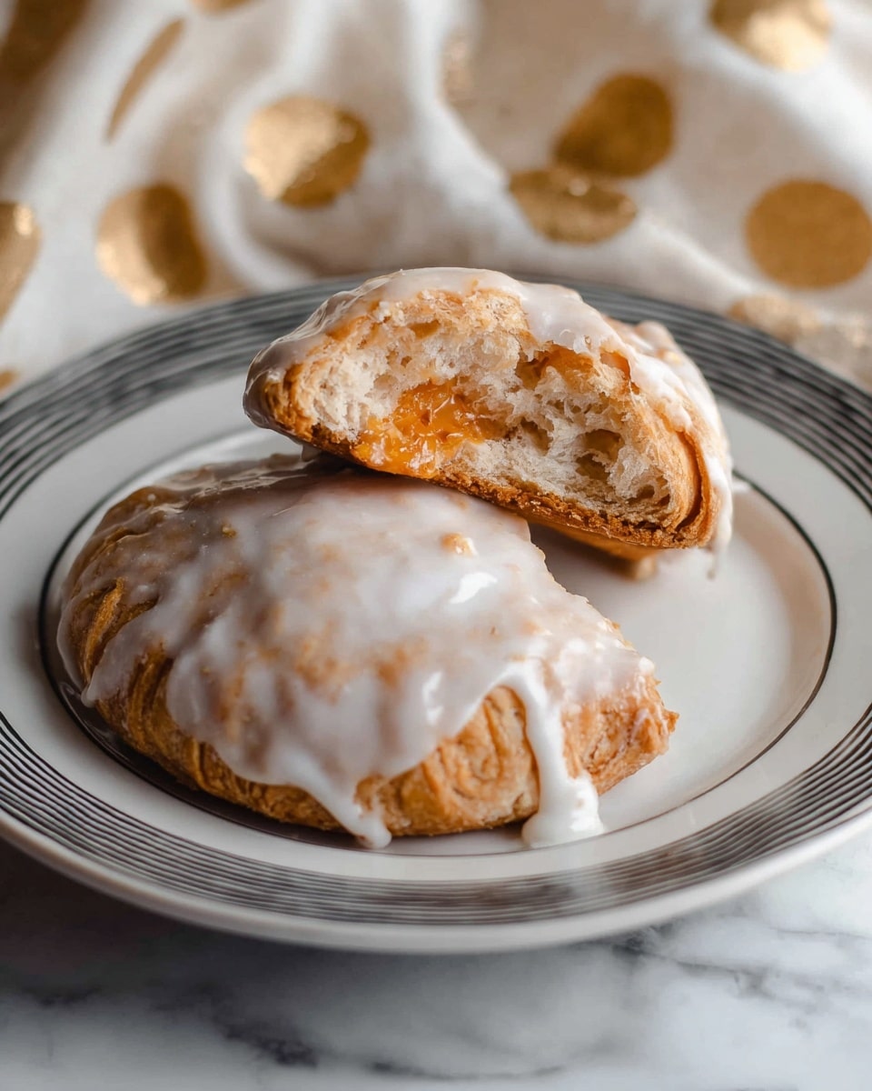 Two pastries sit on a white plate with black detailing around the edge, placed on a white marbled surface with a fabric that has gold dots in the background. The bottom pastry is whole and covered with a smooth, shiny white icing dripping slightly down its sides, showing a flaky light brown crust with visible layers. On top rests a half-eaten pastry exposing an orange filling inside a similarly flaky light brown crust, also covered with the same white icing. The textures combine flaky, smooth, and creamy elements, making the pastries look fresh and inviting. photo taken with an iphone --ar 4:5 --v 7