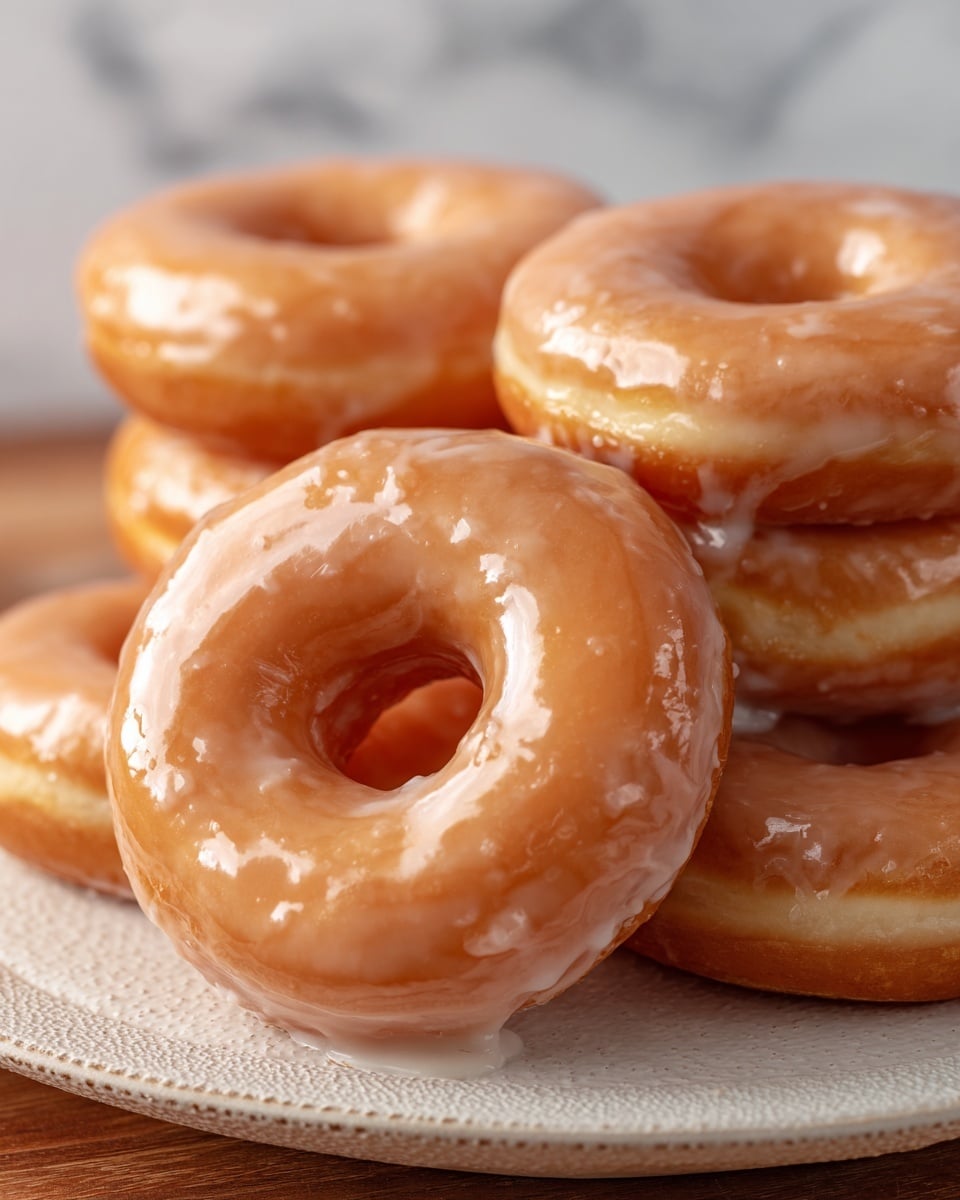 The image shows a stack of glazed donuts on a white plate with a textured edge. Each donut has a smooth, shiny glaze that covers the entire surface, giving them a glossy light golden brown color. The glaze looks slightly thick and sticky, pooling a bit on the sides of some donuts. The donuts themselves are soft and round with a hole in the center, and they are slightly raised on the edges, showing their fluffy texture underneath. The background has a white marbled texture, highlighting the warm tones of the donuts. Photo taken with an iphone --ar 4:5 --v 7