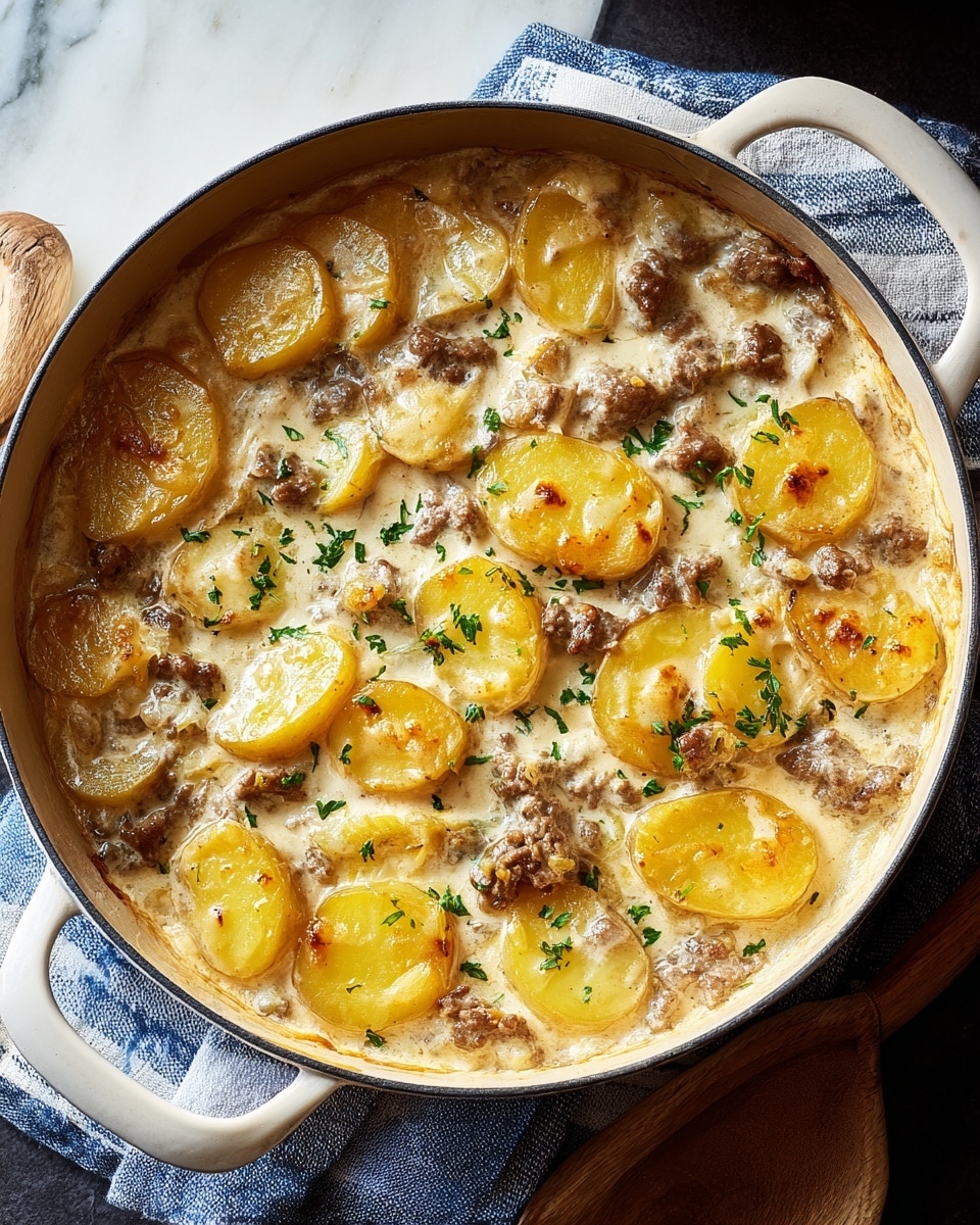 A close-up view of a creamy potato and beef dish in a deep, round white pot with two handles. The dish has two main layers visible on top: soft yellow potato slices with some golden brown spots from cooking, scattered evenly throughout, and small chunks of browned beef mixed in a white creamy sauce with a slightly glossy texture. The dish is sprinkled with finely chopped green herbs, adding a fresh pop of color. The pot is set on a white marbled surface with a blue and white striped cloth underneath, and a wooden spoon is placed nearby. Photo taken with an iphone --ar 4:5 --v 7