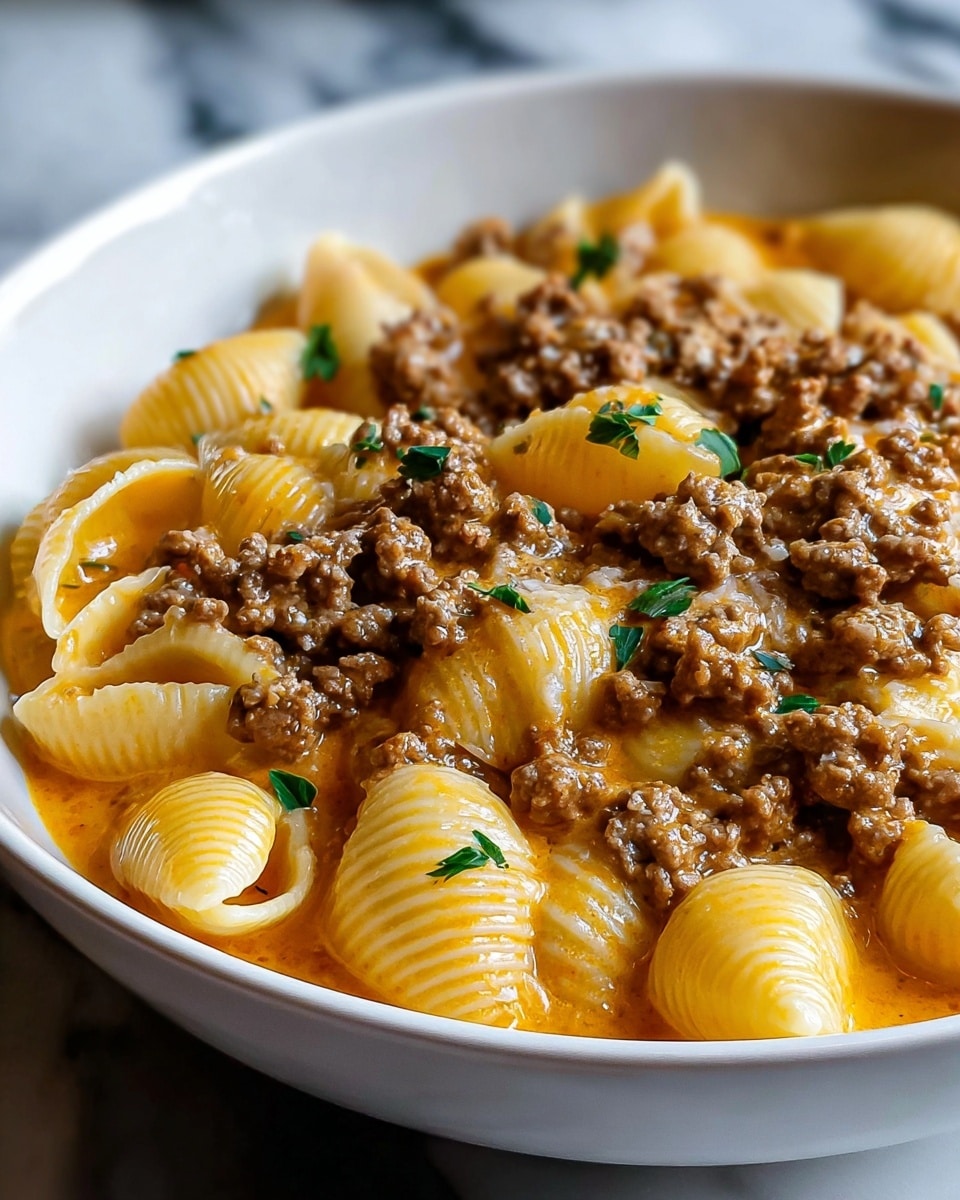 The image shows a close-up of a white bowl filled with three layers of food. The base layer is large, shell-shaped pasta with a smooth, ridged texture, pale yellow in color, lightly coated in sauce. The middle layer is a creamy orange sauce that clings to the pasta. The top layer is made up of browned ground meat pieces, scattered evenly, with small green herb leaves sprinkled on top. The bowl rests on a white marbled surface, and the photo focuses on the rich, detailed textures of the pasta and meat. Photo taken with an iphone --ar 4:5 --v 7