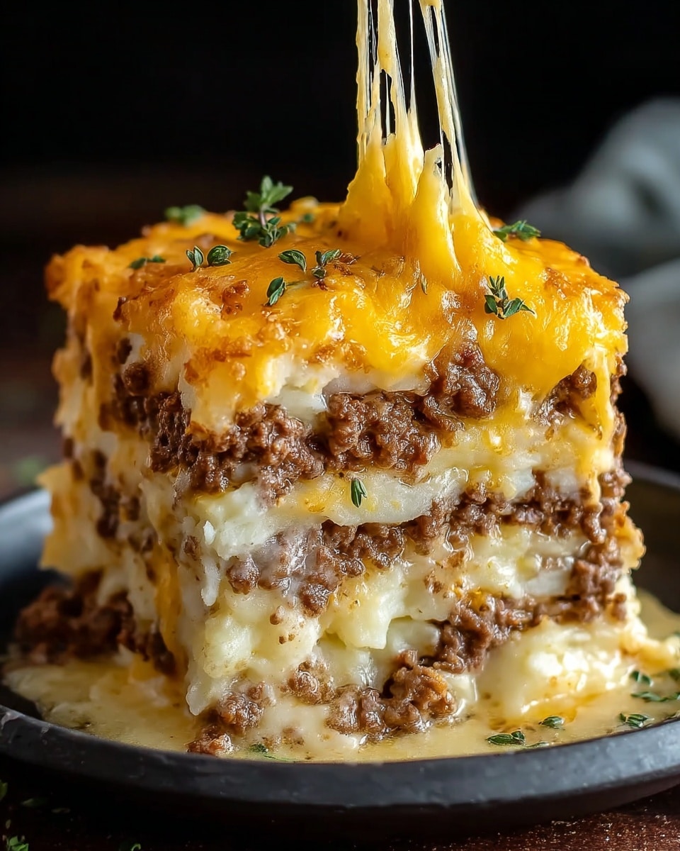 The image shows a thick layered dish with alternating layers of cooked ground beef and creamy mashed potatoes. The ground beef layers are brown and crumbly, while the mashed potato layers are smooth and pale yellow. The top has a thick layer of melted yellow cheddar cheese with a few green herb pieces sprinkled over it. The cheese is stringy and stretching from the top layer, giving a fresh, gooey look. The dish sits on a dark plate, contrasting with the creamy texture of the food. The background is dark, making the dish the main focus. photo taken with an iphone --ar 4:5 --v 7